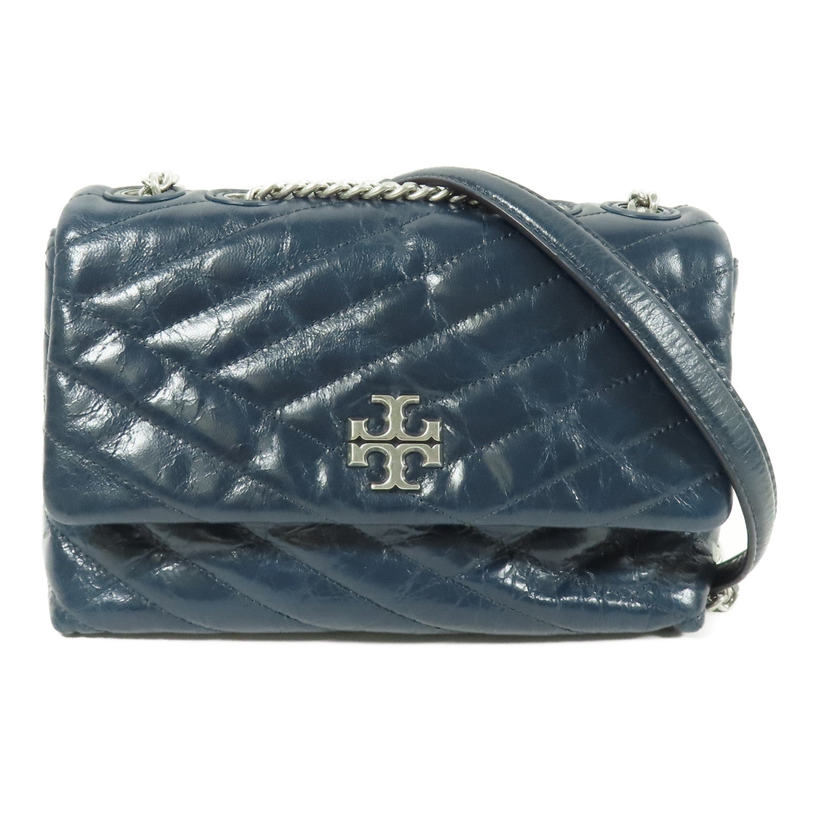 TORY BURCH SHW Kira Chevron Shoulder Bag Calfskin Leather Blue