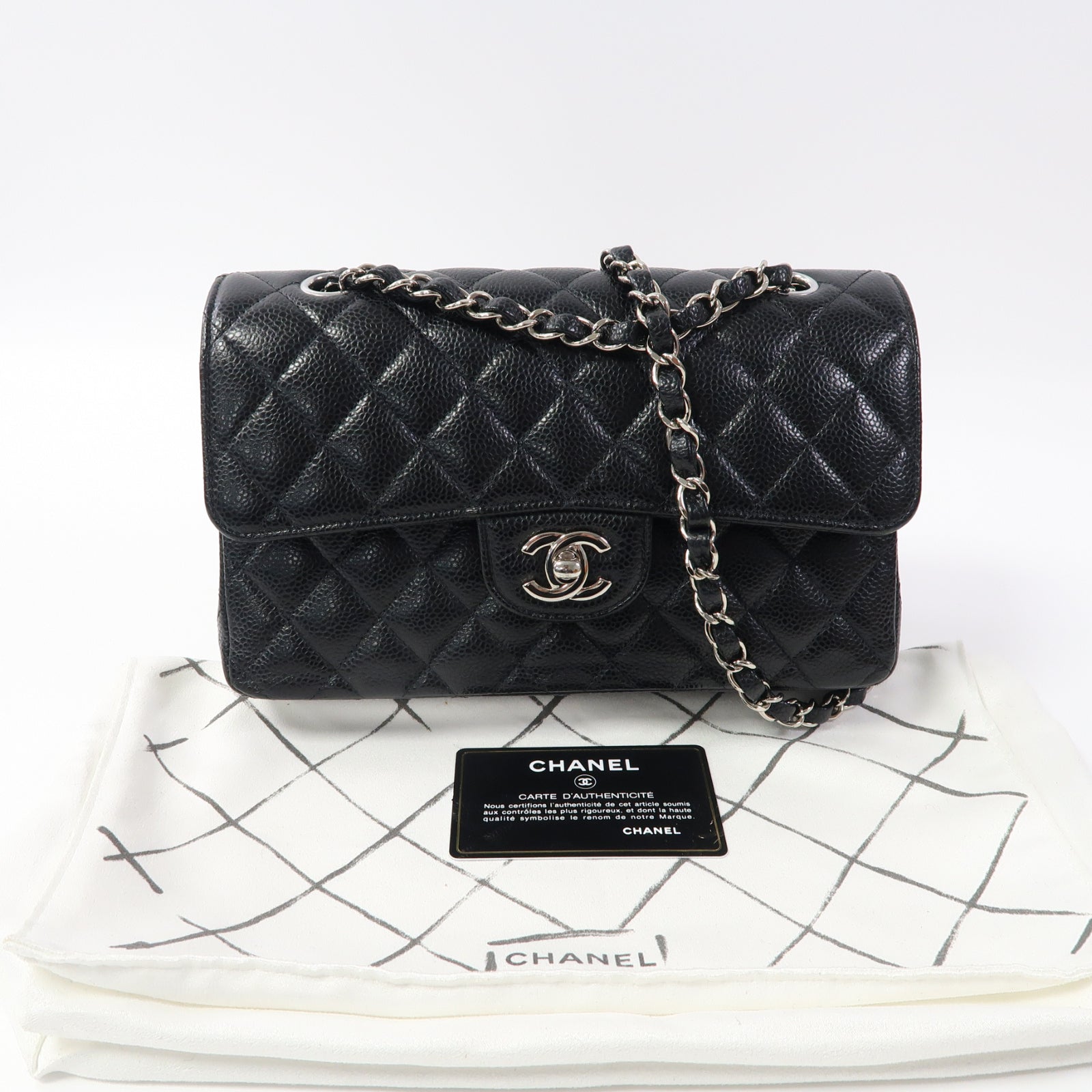 CHANEL 菱格牛皮皮革Classic 23銀扣鏈帶肩背袋黑色