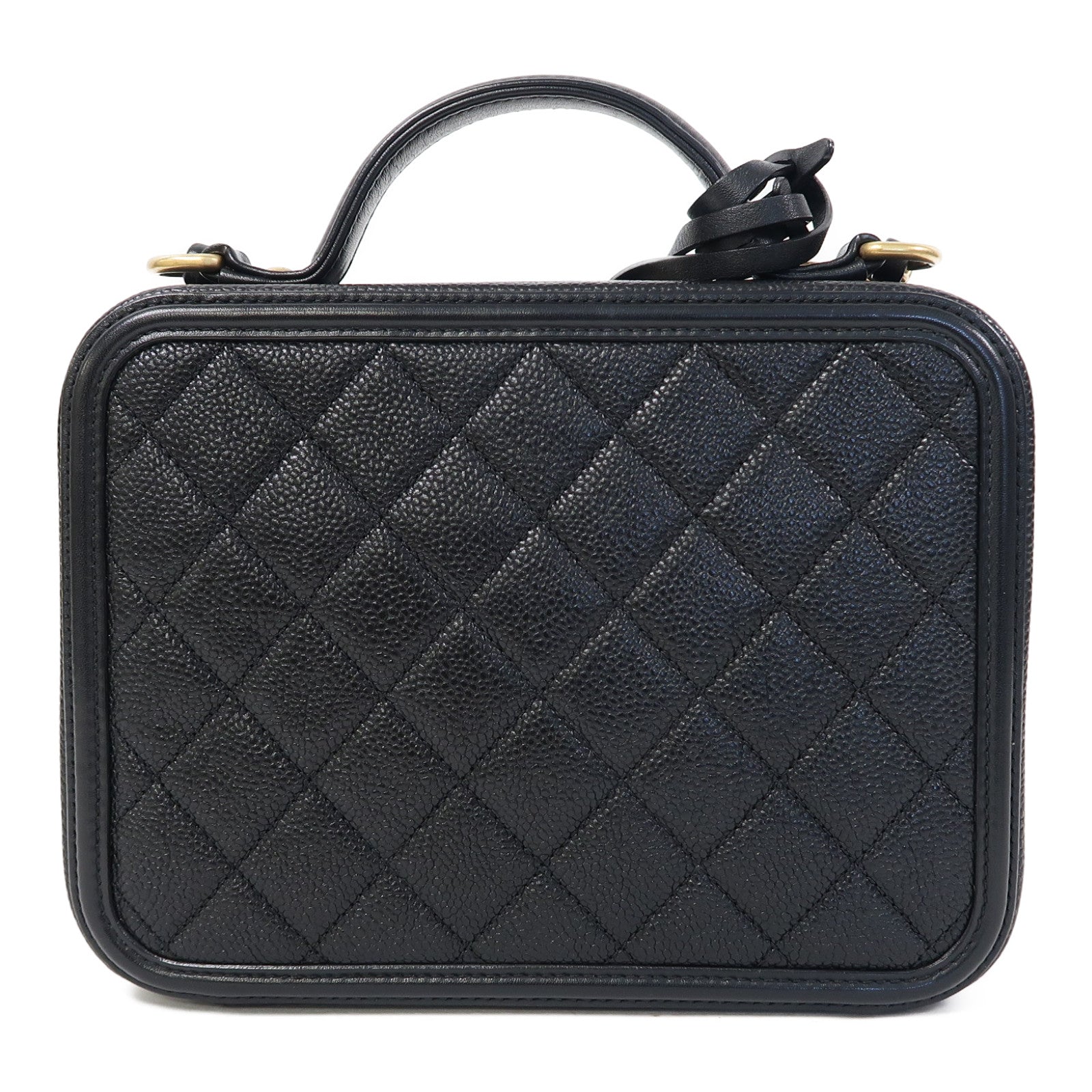 CHANEL 菱格Caviar皮革Vanity Case金扣鏈帶肩背袋黑色