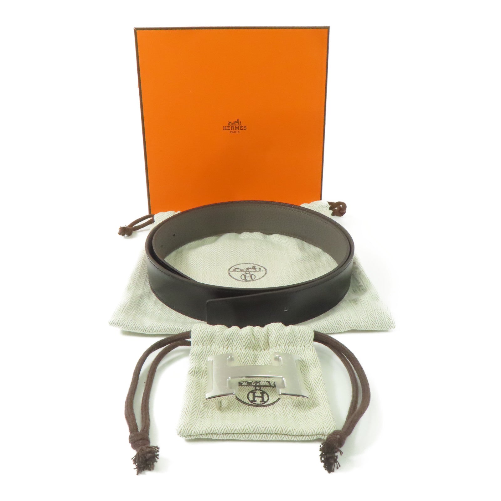 HERMES PHW Belt Togo Leather Brown/Black