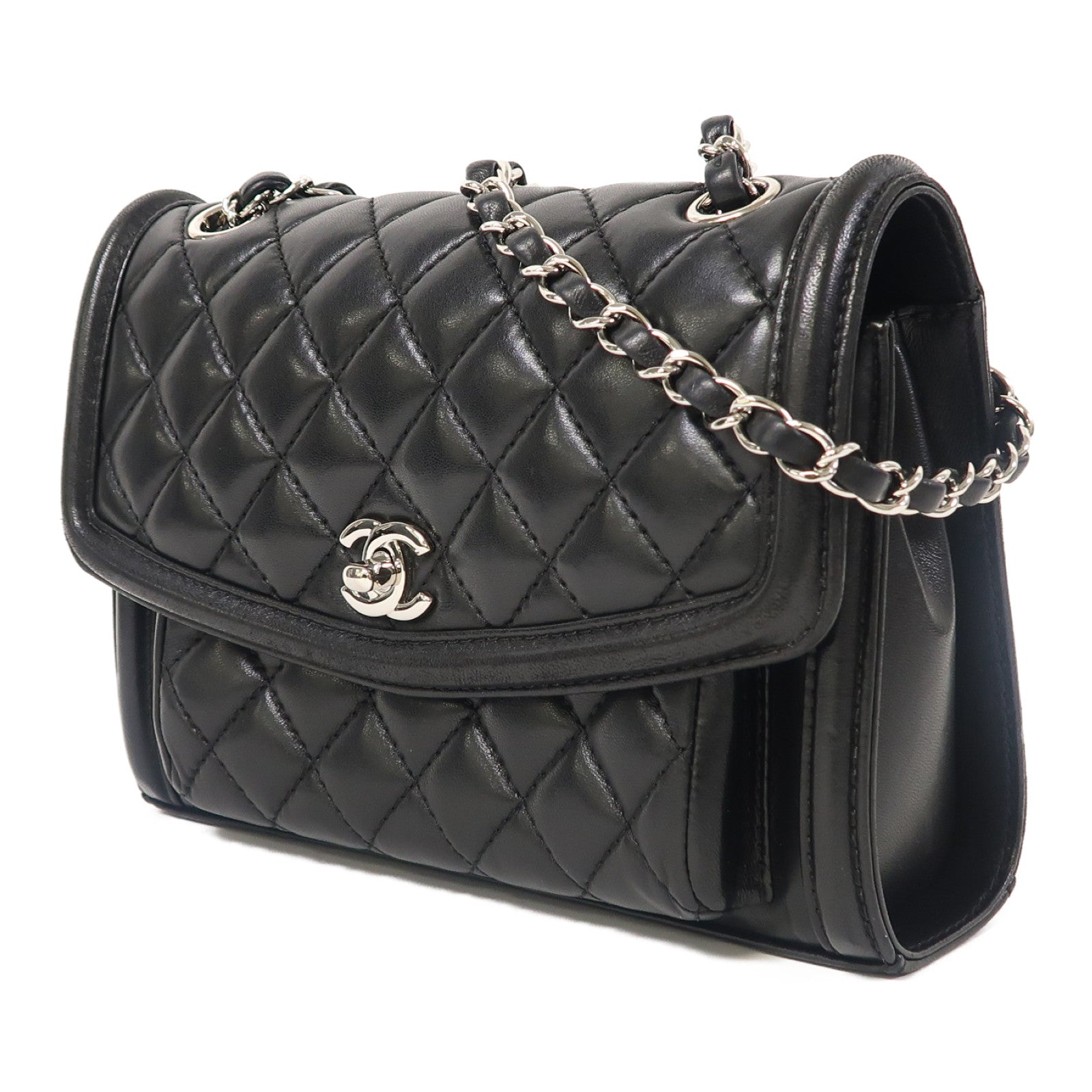 CHANEL 菱格羊皮皮革Chain Shoulder銀扣鏈帶肩背袋黑色