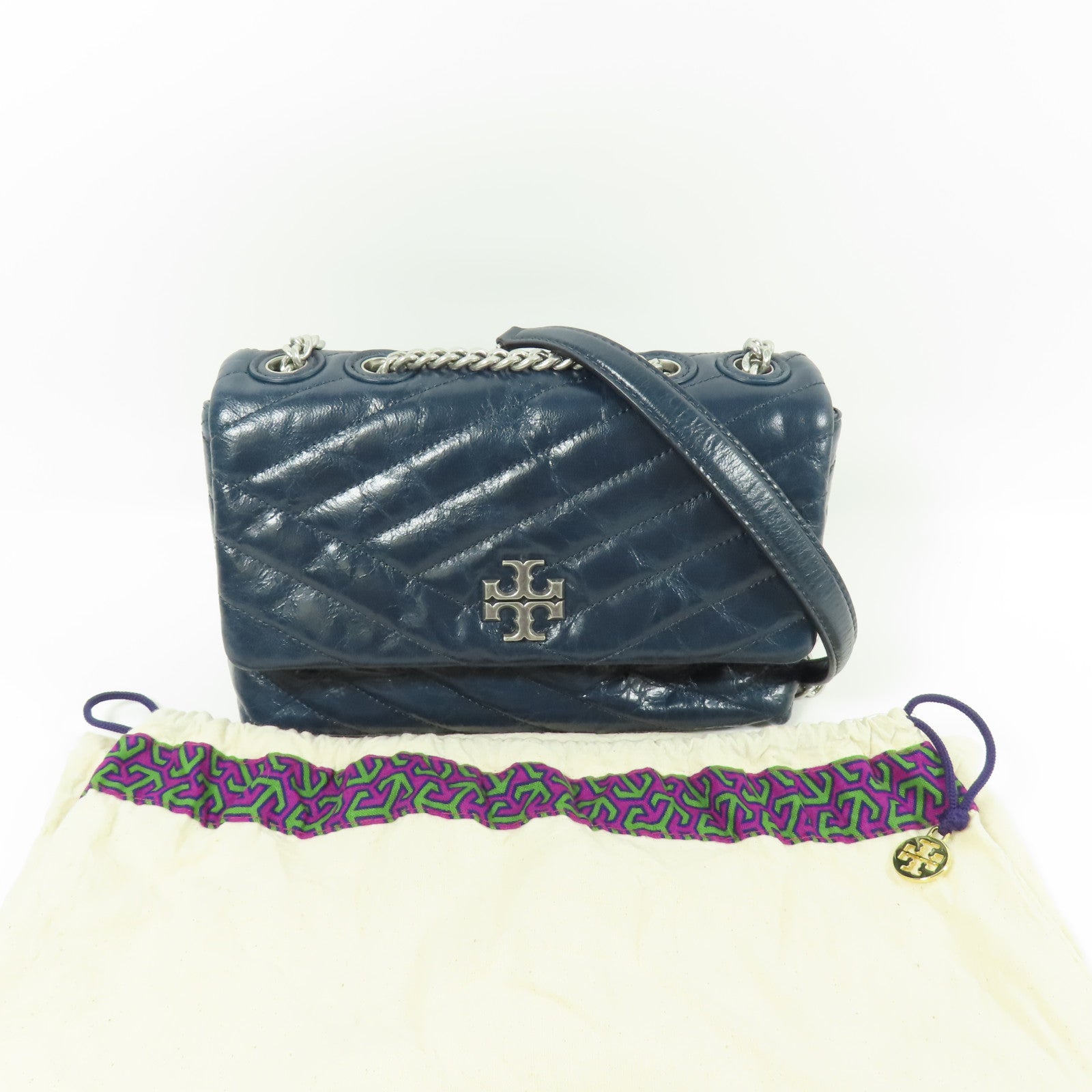 TORY BURCH SHW Kira Chevron Shoulder Bag Calfskin Leather Blue