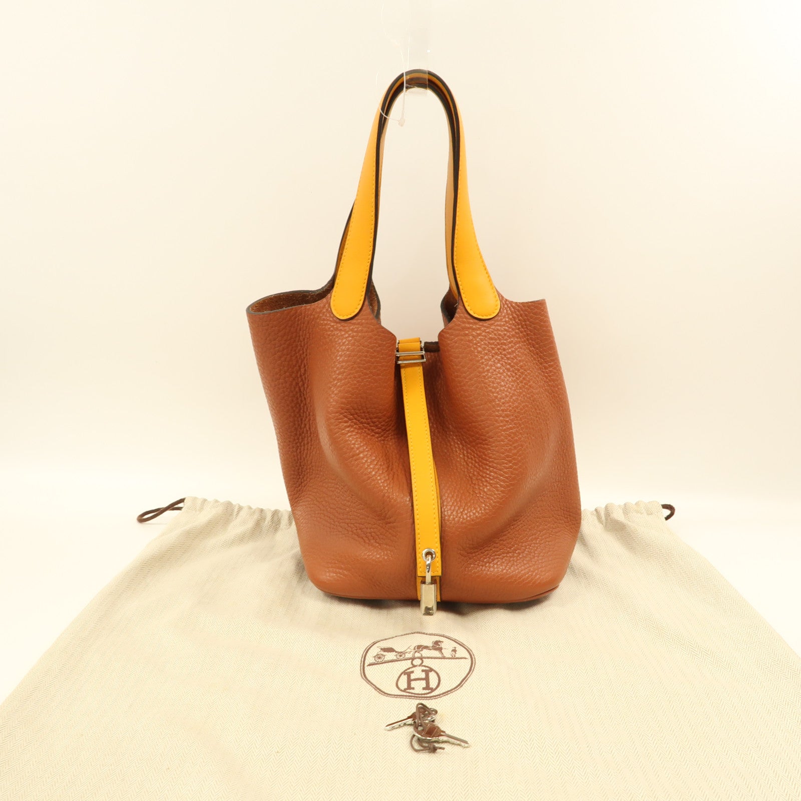 HERMES PHW Picotin MM Handbag Clemence Leather Cuivre/Jaune D'or