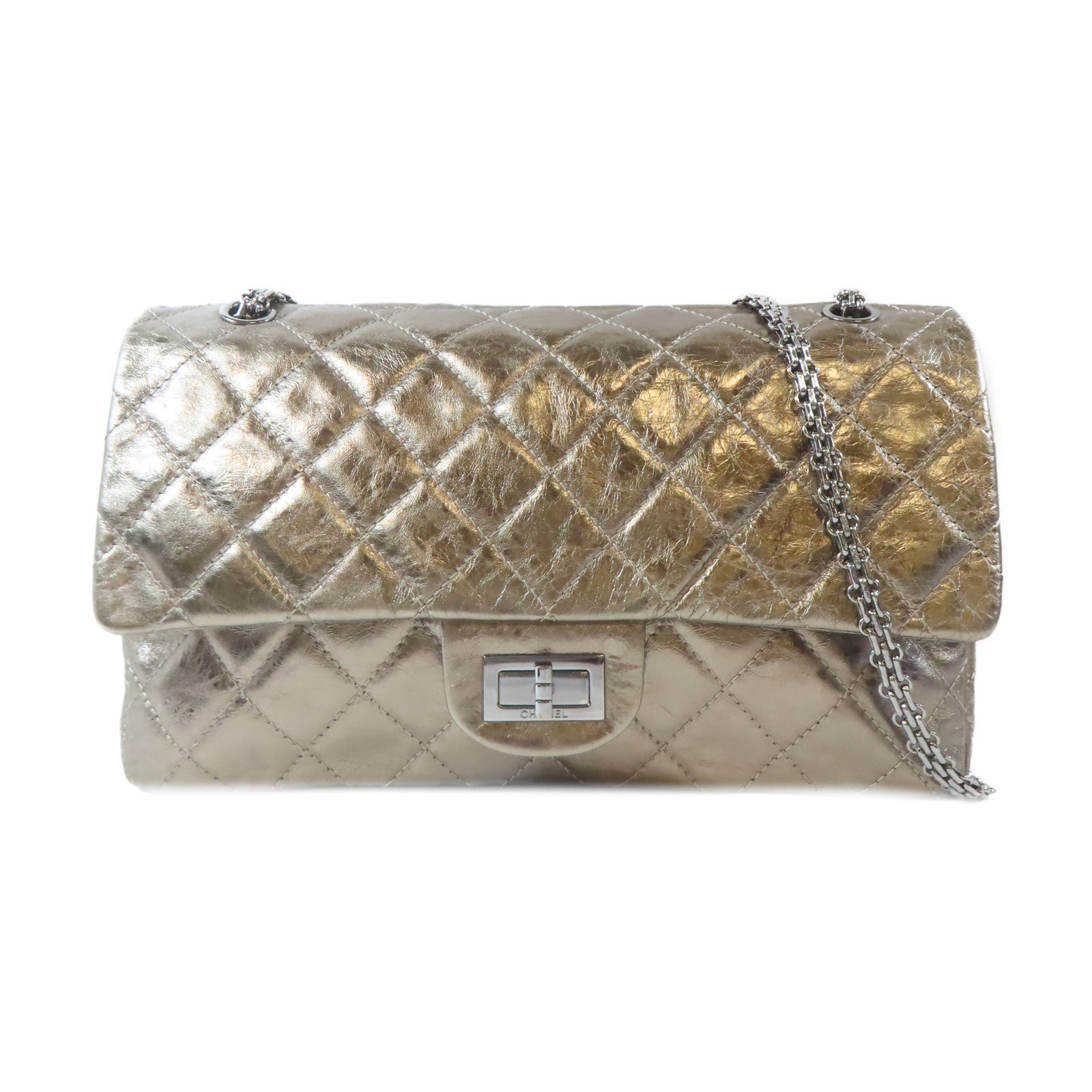 CHANEL 【激減優惠】菱格牛皮皮革Jumbo 2.55銀扣鏈帶肩背袋金屬金色