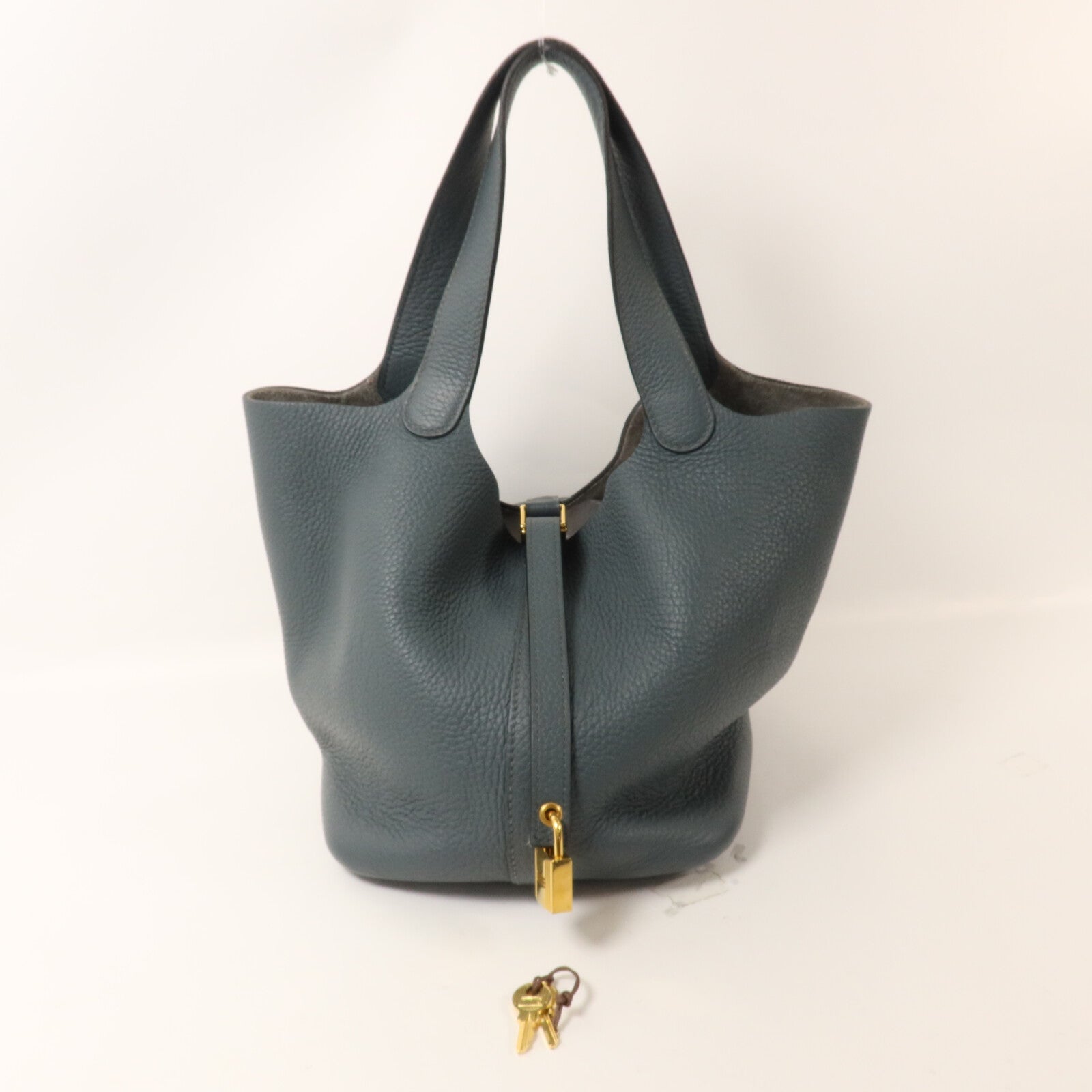 HERMES Clemence皮革Picotin MM扣手挽袋Bleu Orage