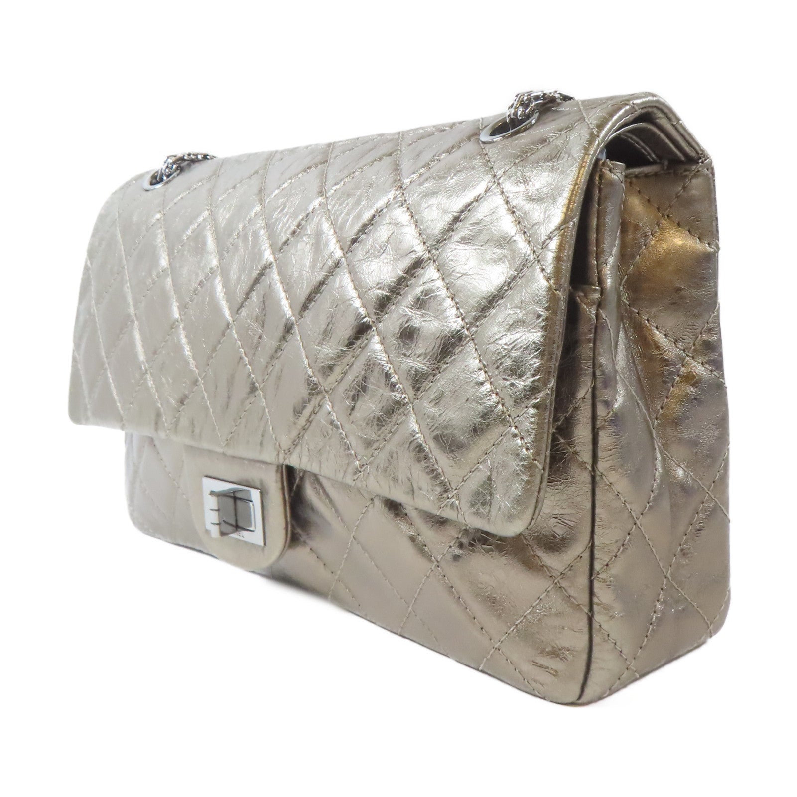 CHANEL 【激減優惠】菱格牛皮皮革Jumbo 2.55銀扣鏈帶肩背袋金屬金色