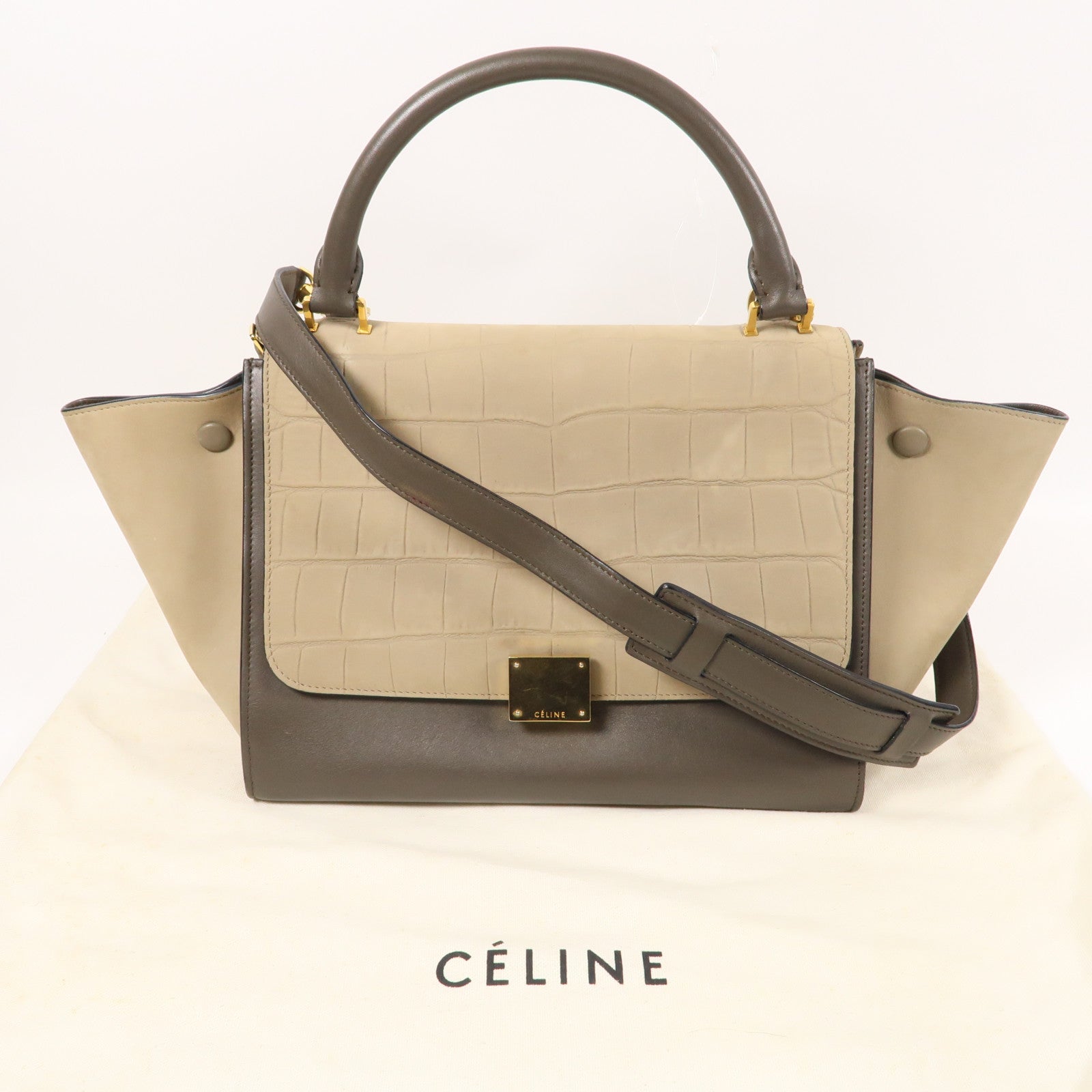 CELINE 【激減優惠】牛皮皮革Trapeze金扣手挽肩背兩用袋米色