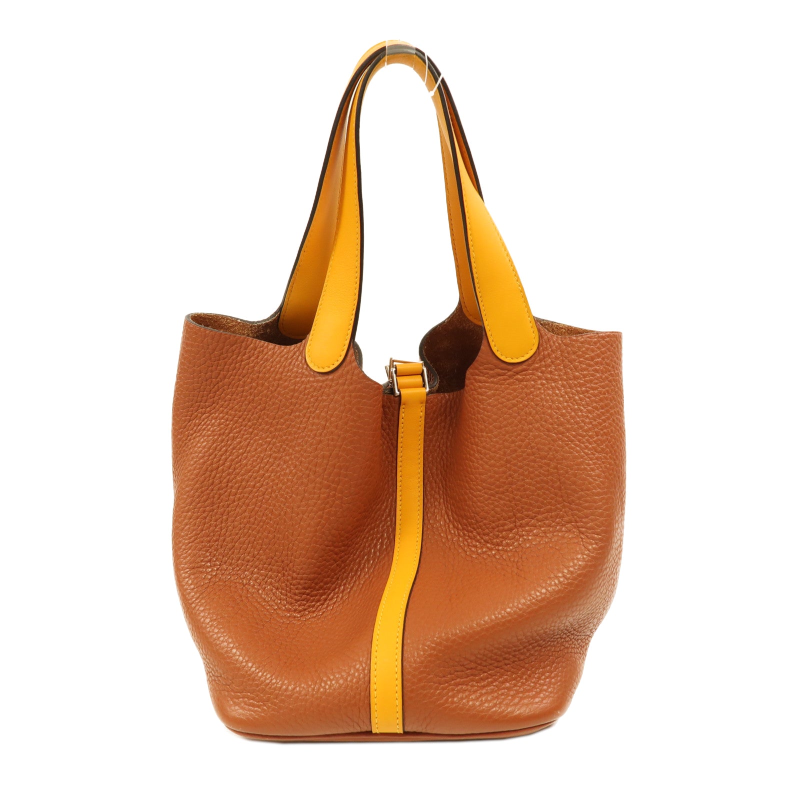 HERMES Clemence皮革Picotin MM銀扣手挽袋古銅色/太陽黃色