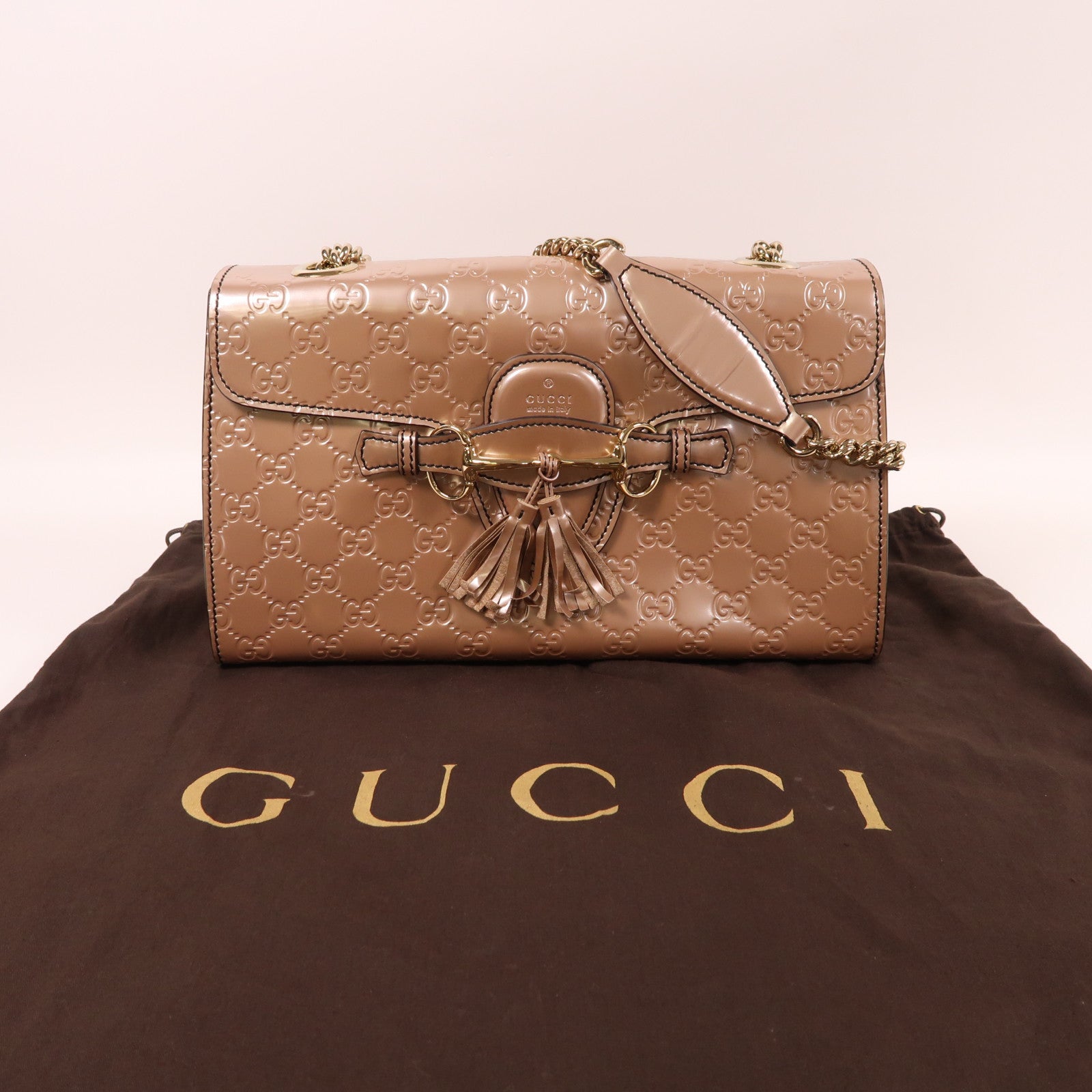 GUCCI 皮革Emily金扣鏈帶肩背袋粉紅色