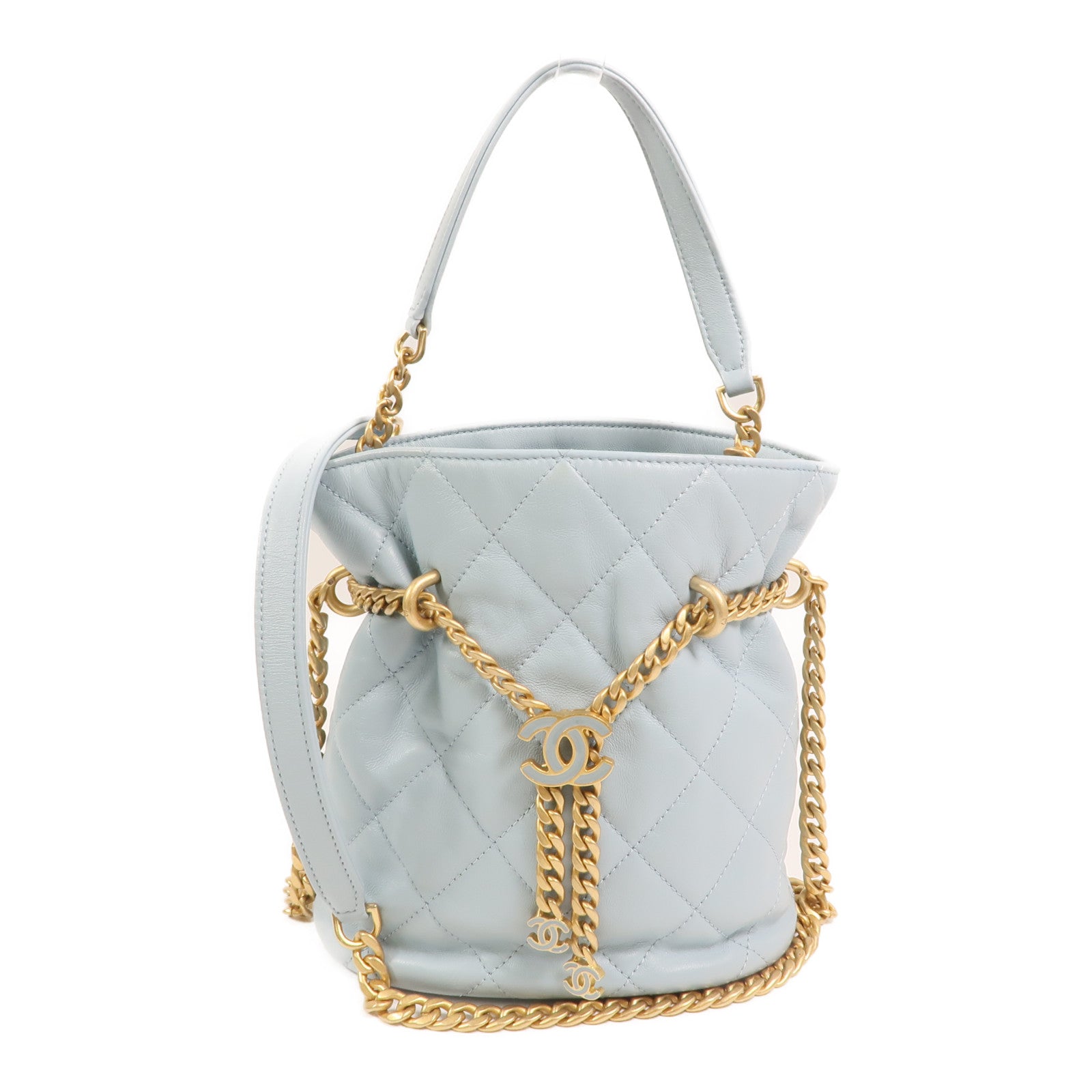 CHANEL 羊皮皮革Bucket Bag金扣鏈帶手挽肩背兩用袋