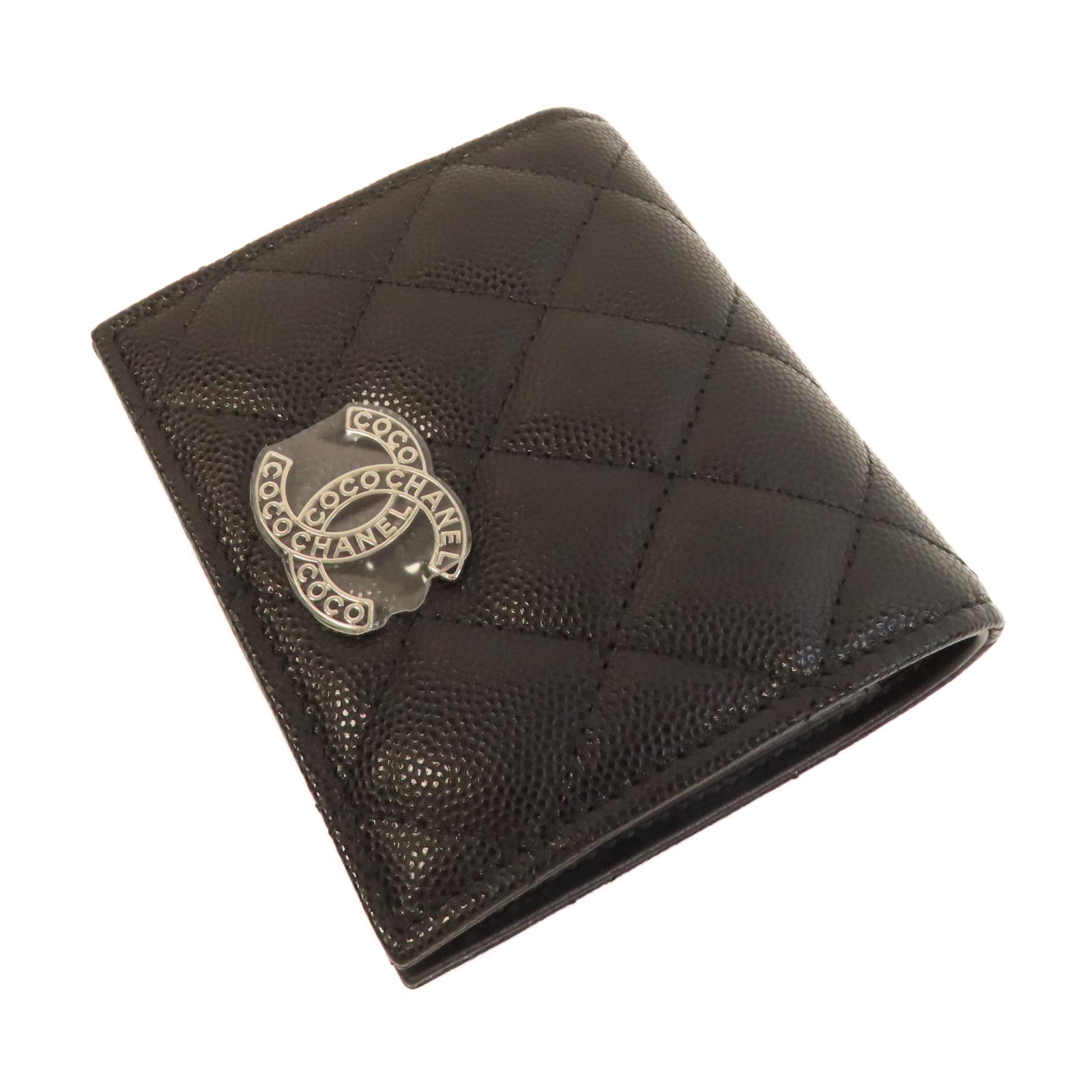 CHANEL 菱格Caviar皮革Wallet銀扣錢包黑色