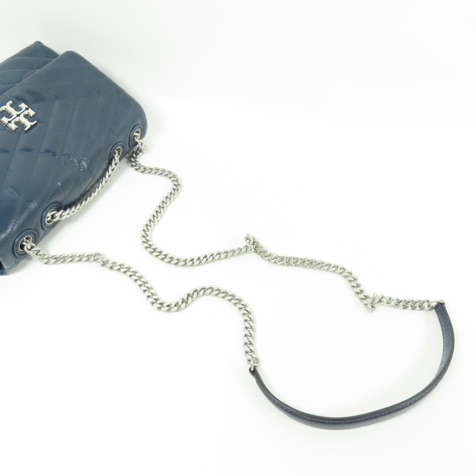 TORY BURCH SHW Kira Chevron Shoulder Bag Calfskin Leather Blue