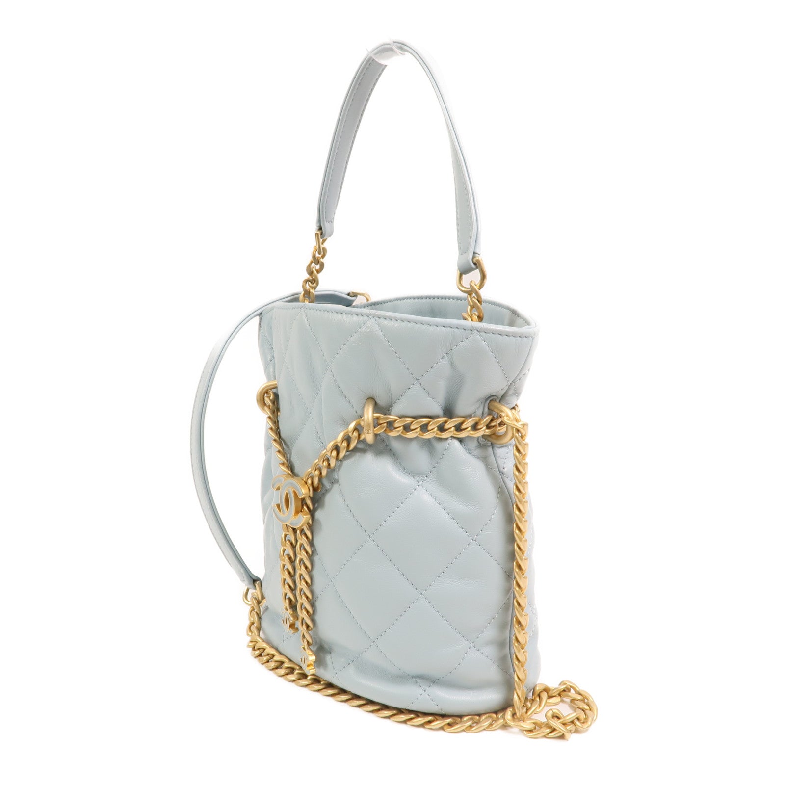 CHANEL 羊皮皮革Bucket Bag金扣鏈帶手挽肩背兩用袋