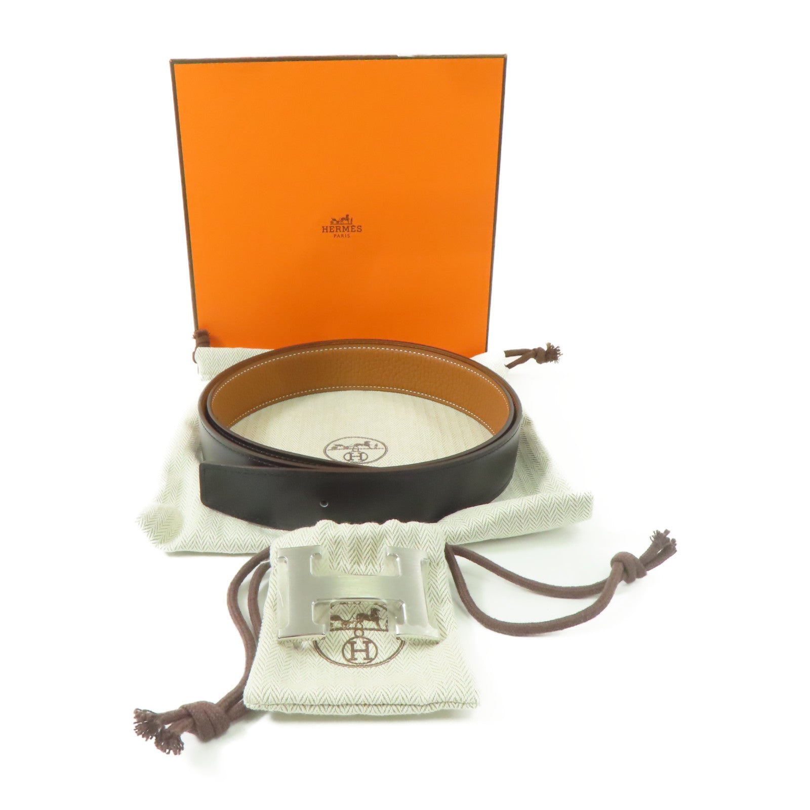 HERMES Togo皮革Belt銀扣皮帶經典駝色/黑色