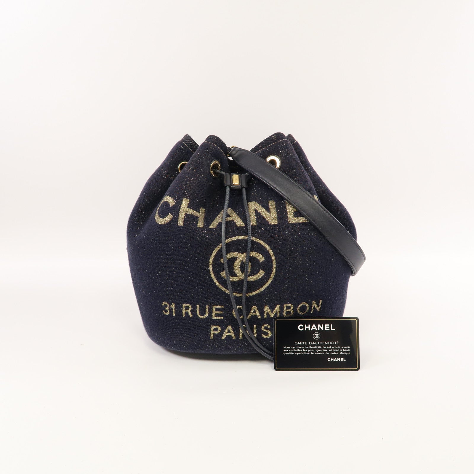 CHANEL 【清倉大減價】棉質Bucket Bag金扣鏈帶肩背袋深藍色