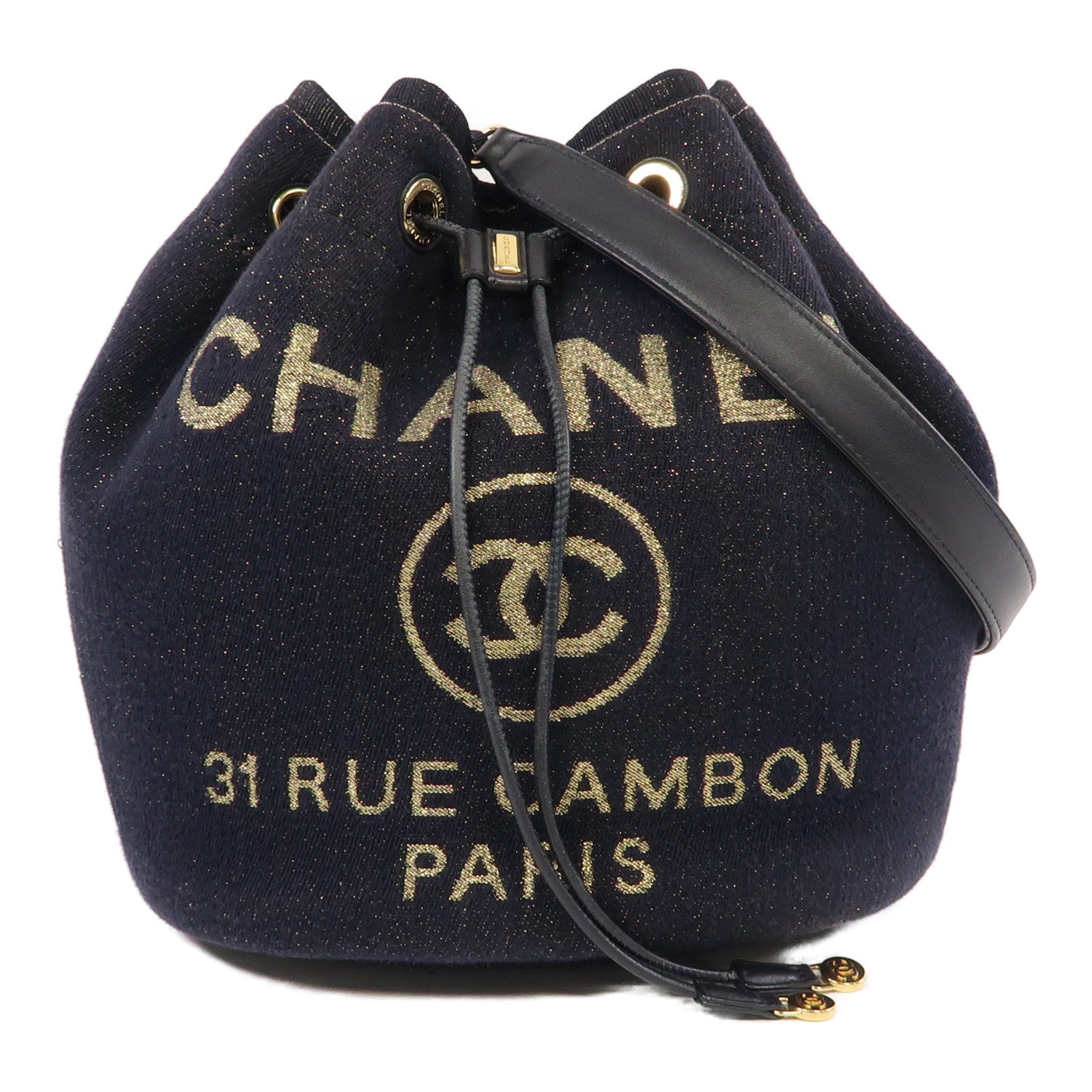 CHANEL 【清倉大減價】棉質Bucket Bag金扣鏈帶肩背袋深藍色