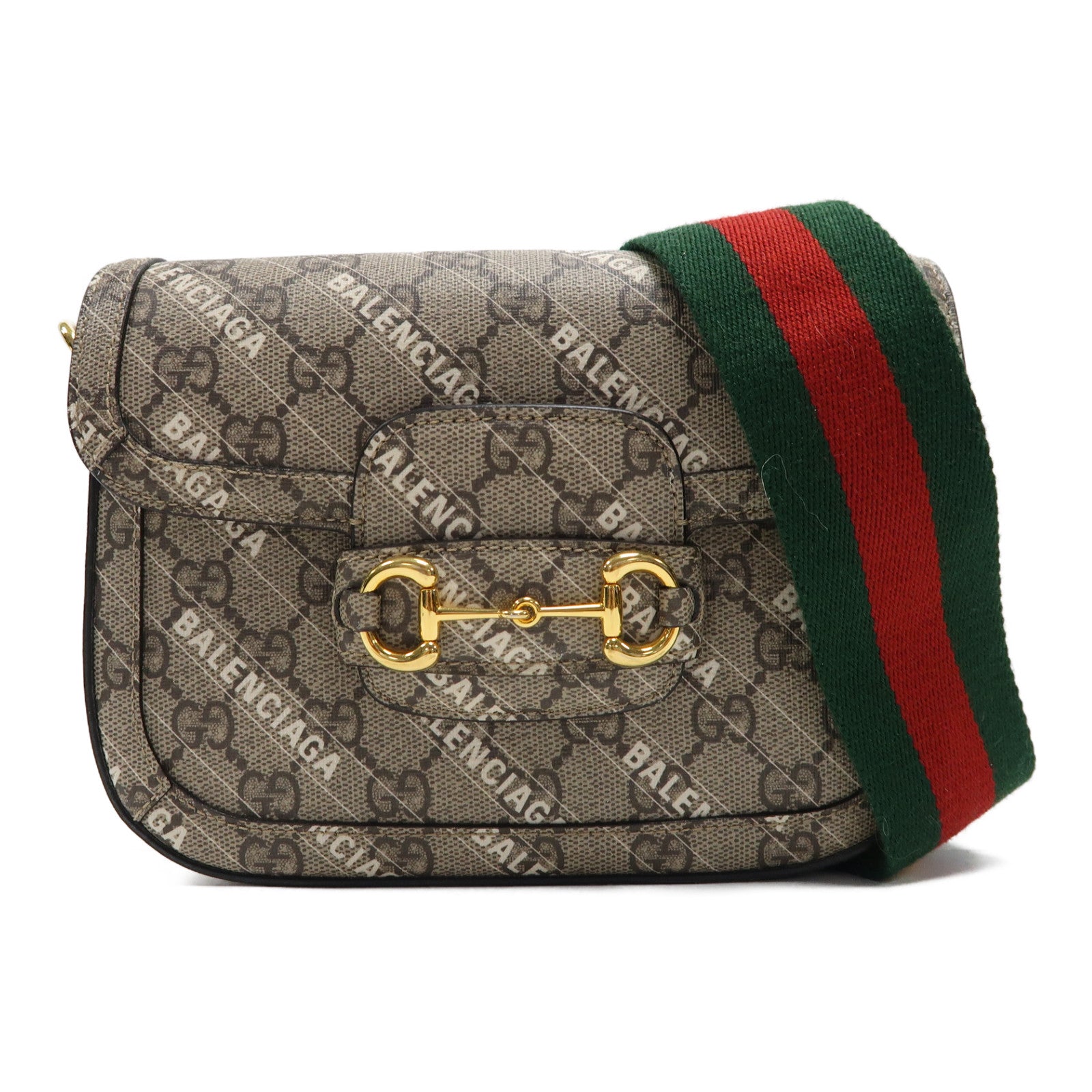 GUCCI 【激減優惠】塗層帆布Horsebit 1955 X Balenciaga金扣肩背袋啡色