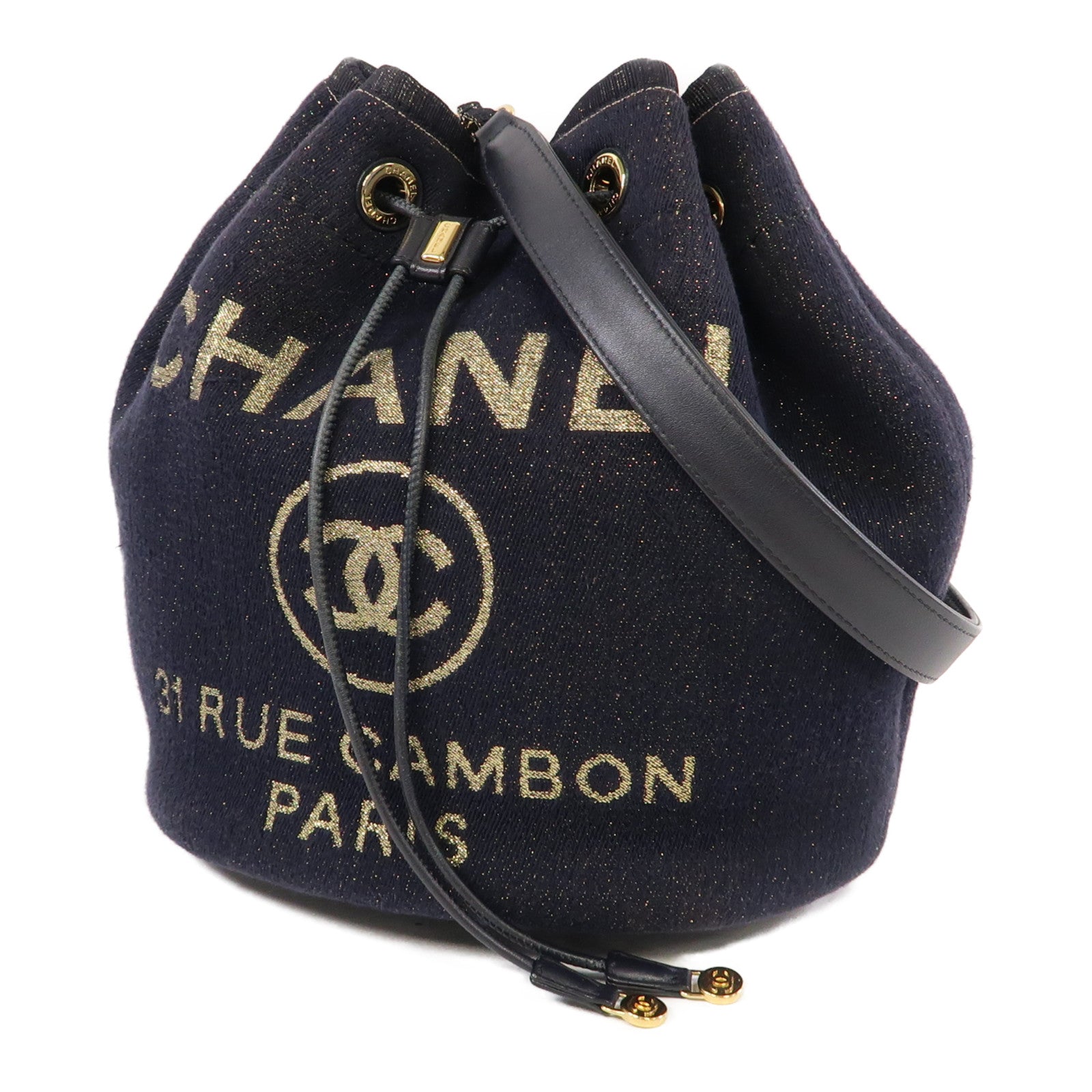 CHANEL 【清倉大減價】棉質Bucket Bag金扣鏈帶肩背袋深藍色
