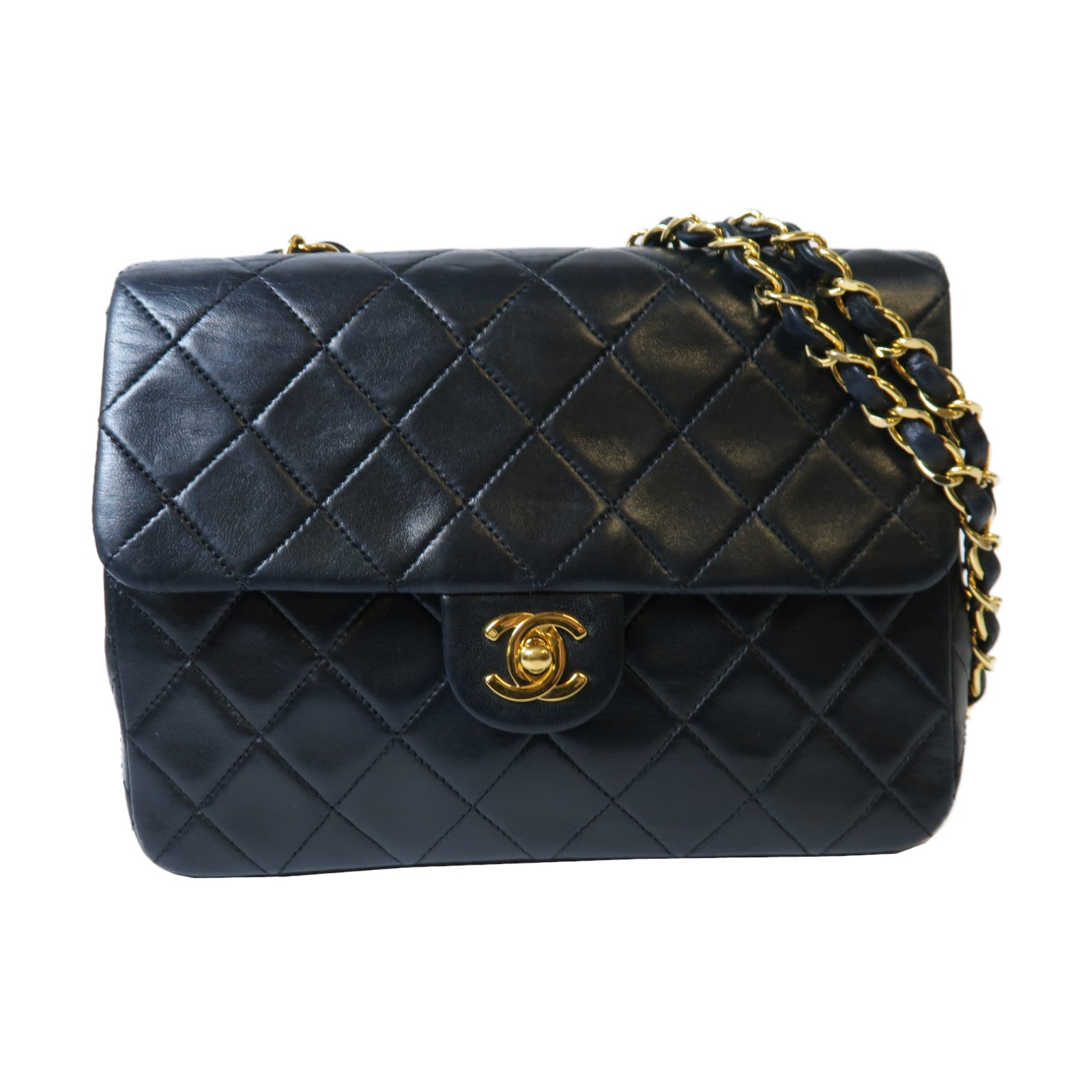 CHANEL 菱格羊皮皮革Vintage Flap Chain Shoulder Bag金扣鏈帶肩背袋黑色