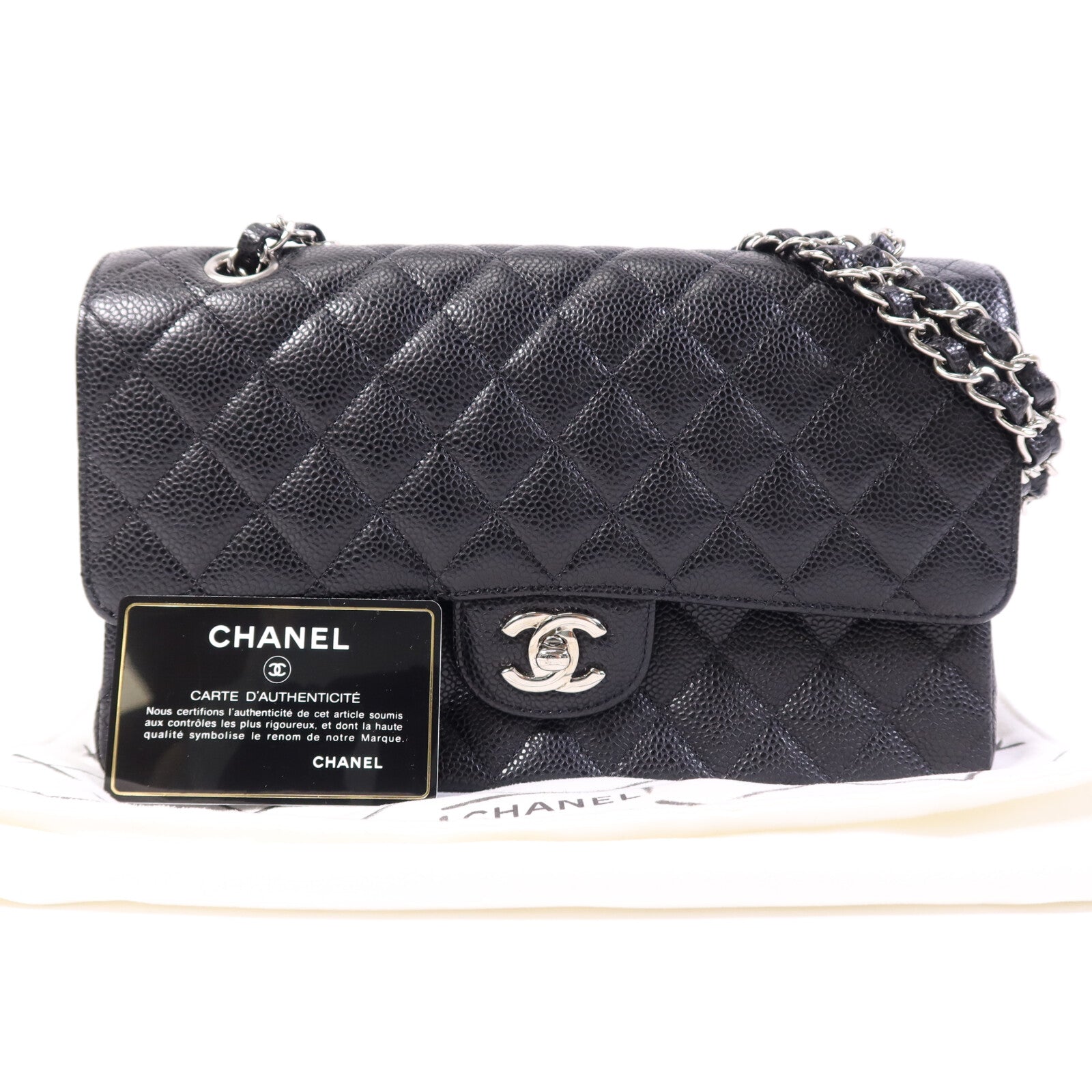 CHANEL 牛皮皮革Classic 25cm銀扣鏈帶手挽肩背兩用袋