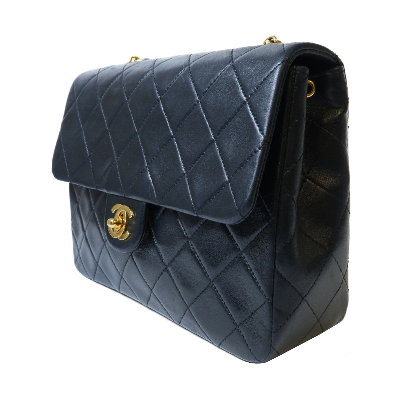 CHANEL 菱格羊皮皮革Vintage Flap Chain Shoulder Bag金扣鏈帶肩背袋黑色