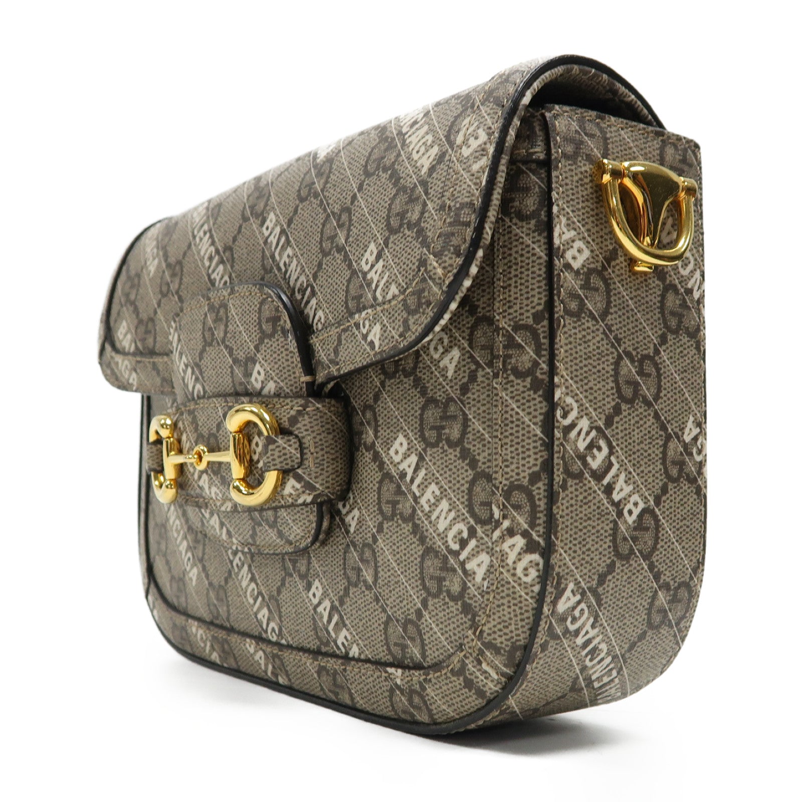 GUCCI 【激減優惠】塗層帆布Horsebit 1955 X Balenciaga金扣肩背袋啡色