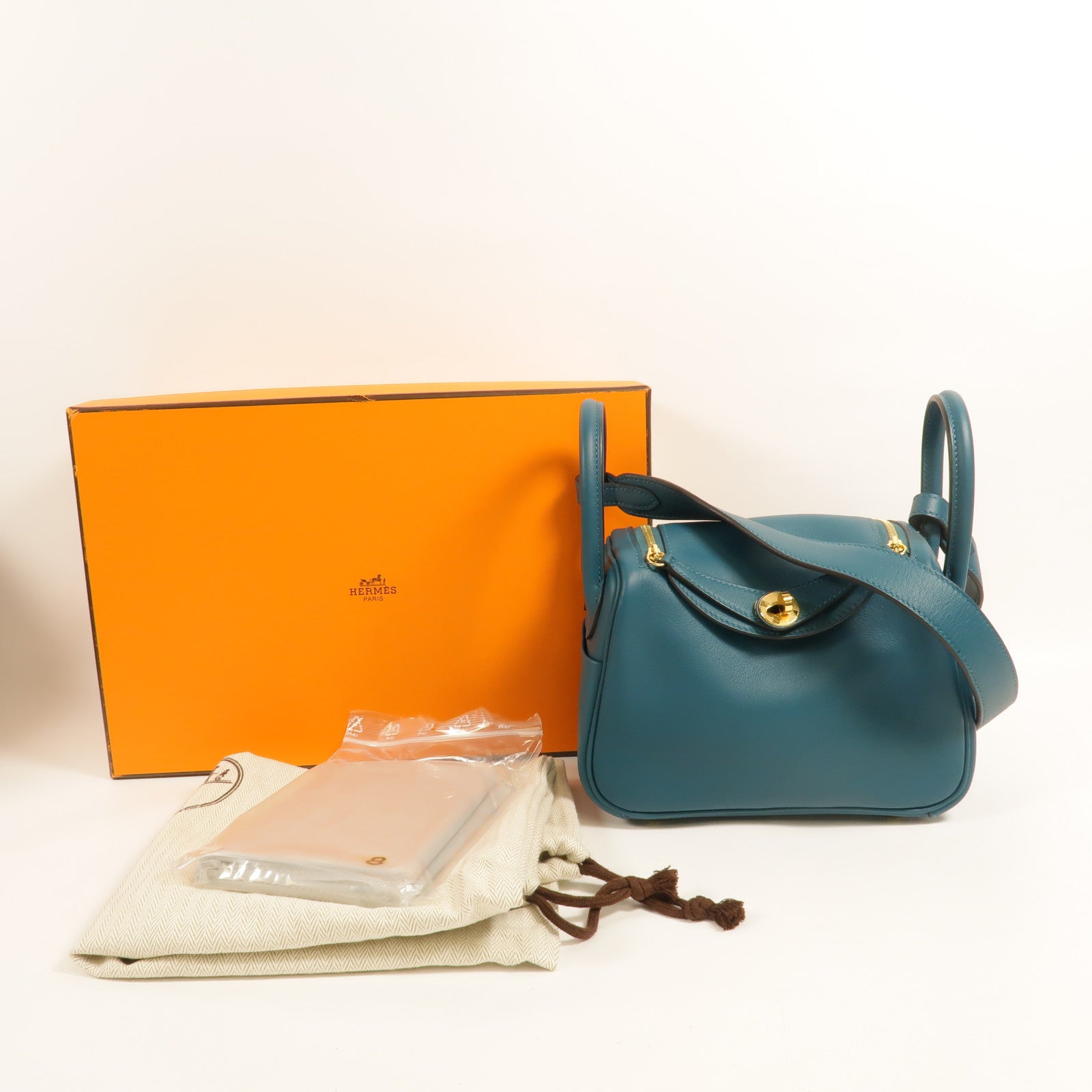 HERMES Swift皮革Mini Lindy金扣手挽肩背兩用袋Vert Bosphore