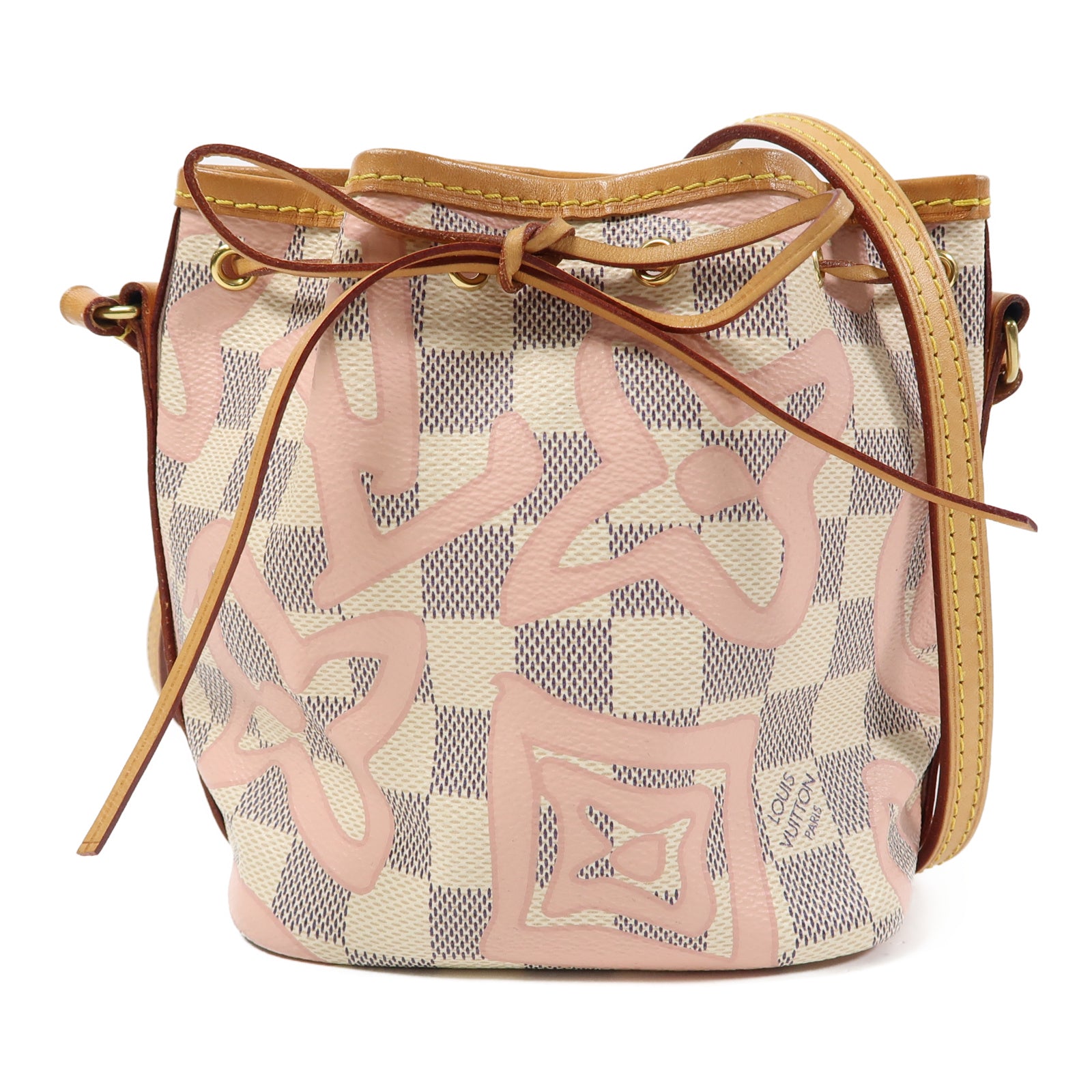 LOUIS VUITTON 【激減優惠】Damier Nano Noe金扣肩背袋白色/粉紅色
