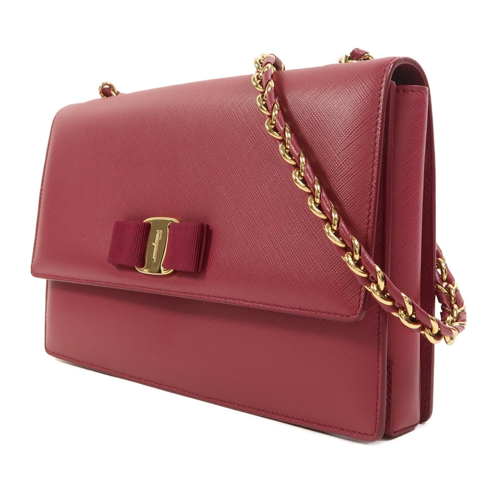 Salvatore Ferragamo 【激減優惠】Saffiano皮革Chain Shoulder金扣鏈帶肩背袋