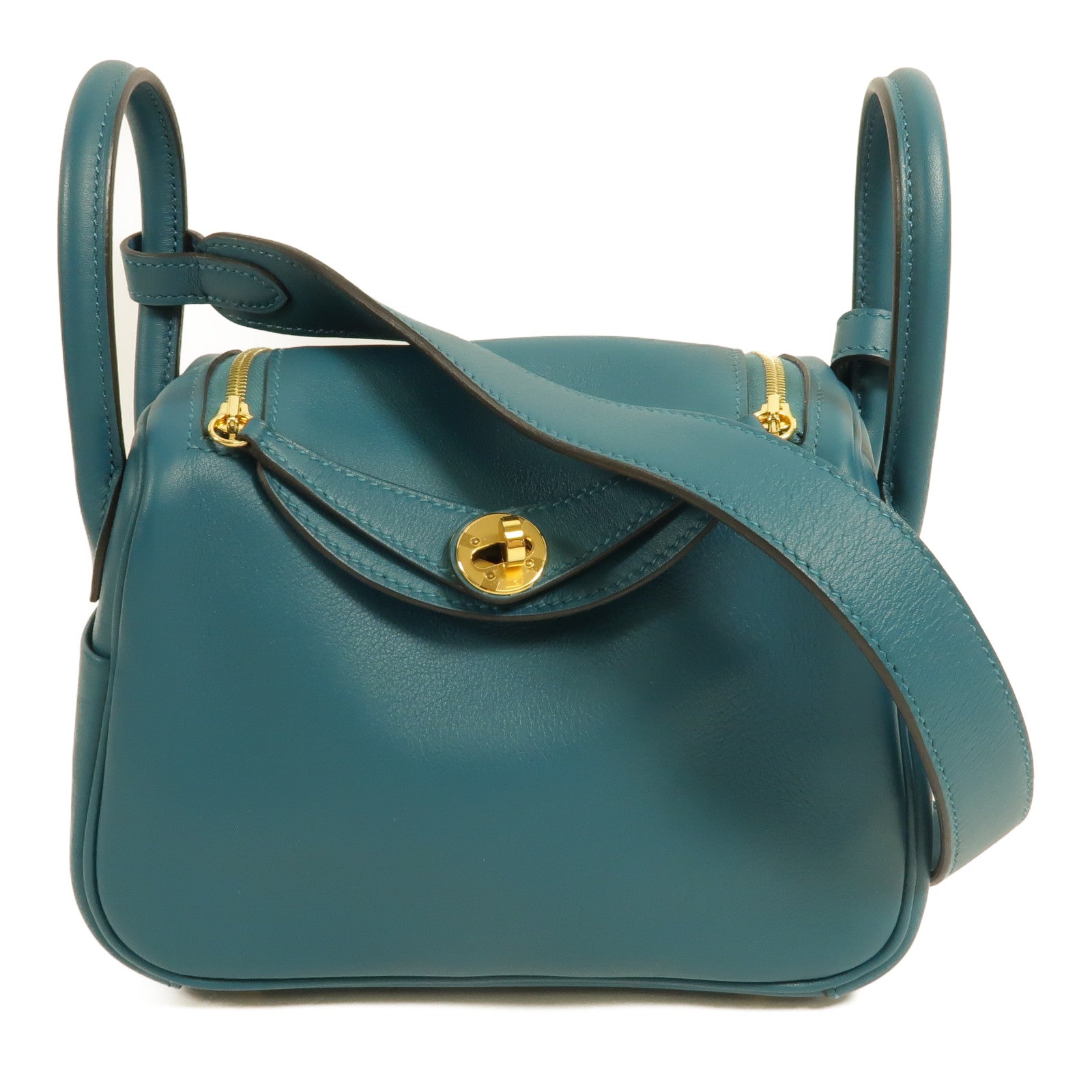HERMES Swift皮革Mini Lindy金扣手挽肩背兩用袋Vert Bosphore