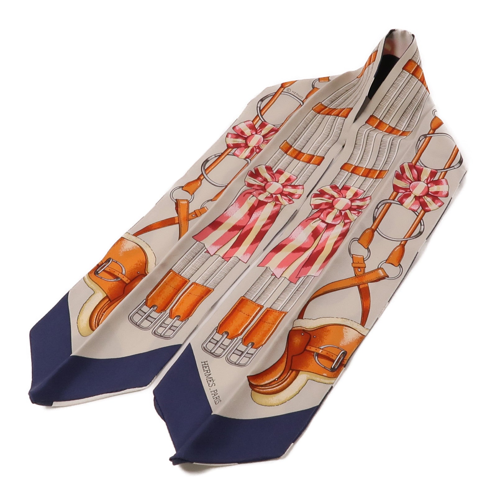 HERMES Twilly Scarf Scarves Silk Navy White Beige Orange