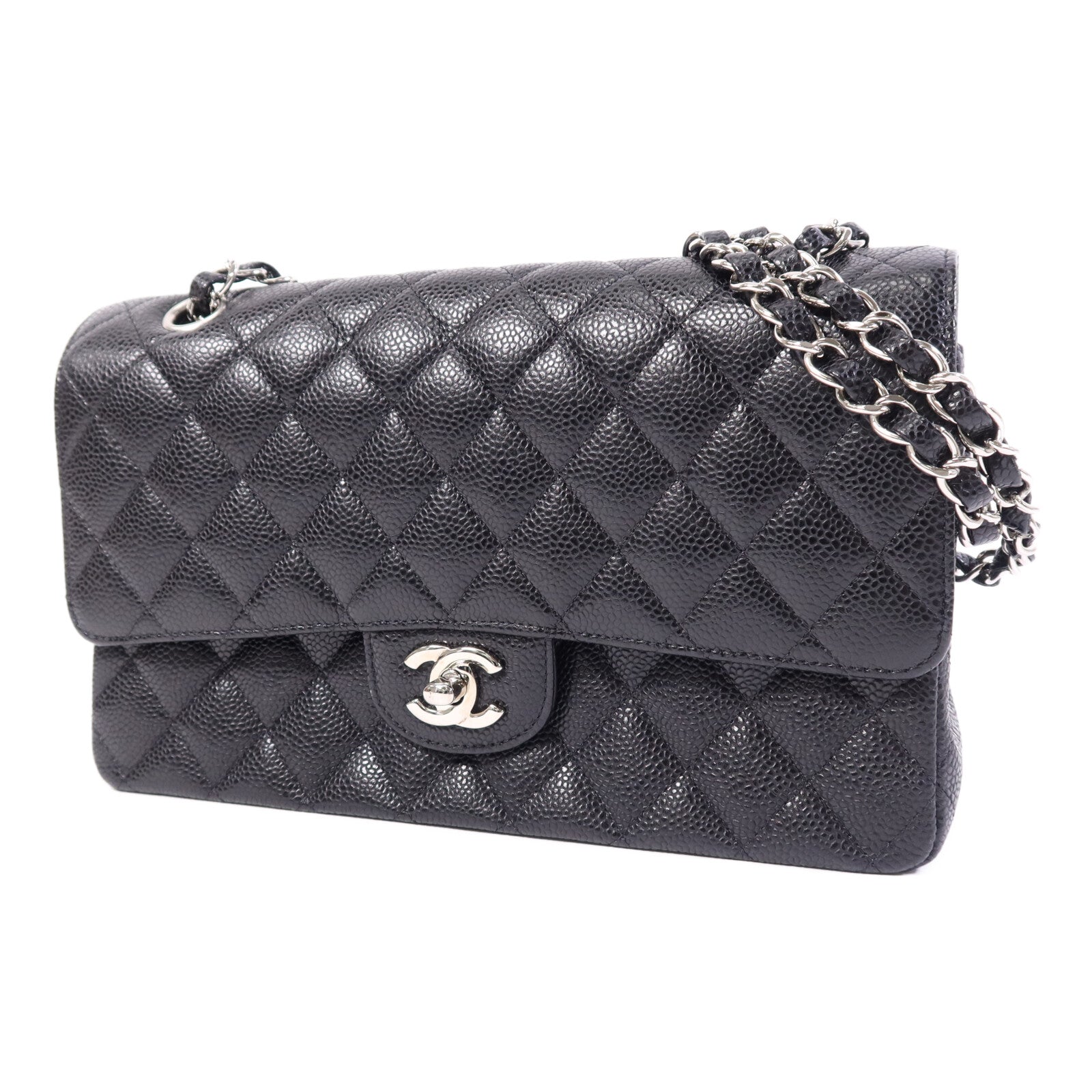 CHANEL 牛皮皮革Classic 25cm銀扣鏈帶手挽肩背兩用袋
