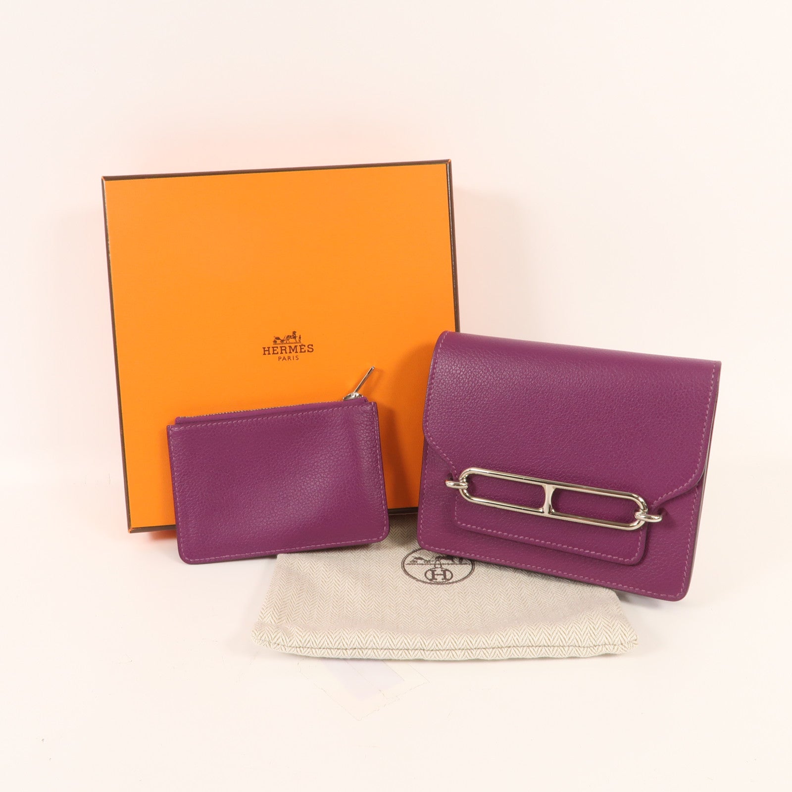 HERMES Evercolour皮革Roulis Slim銀扣錢包Anemone