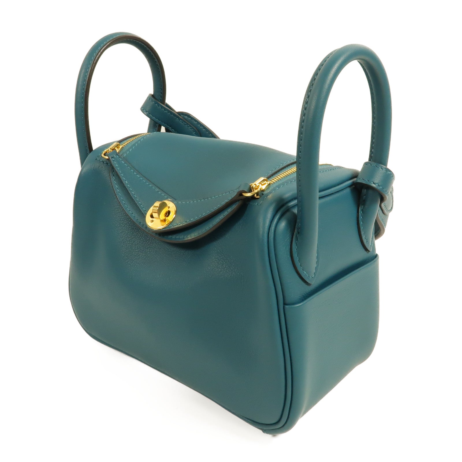 HERMES Swift皮革Mini Lindy金扣手挽肩背兩用袋Vert Bosphore