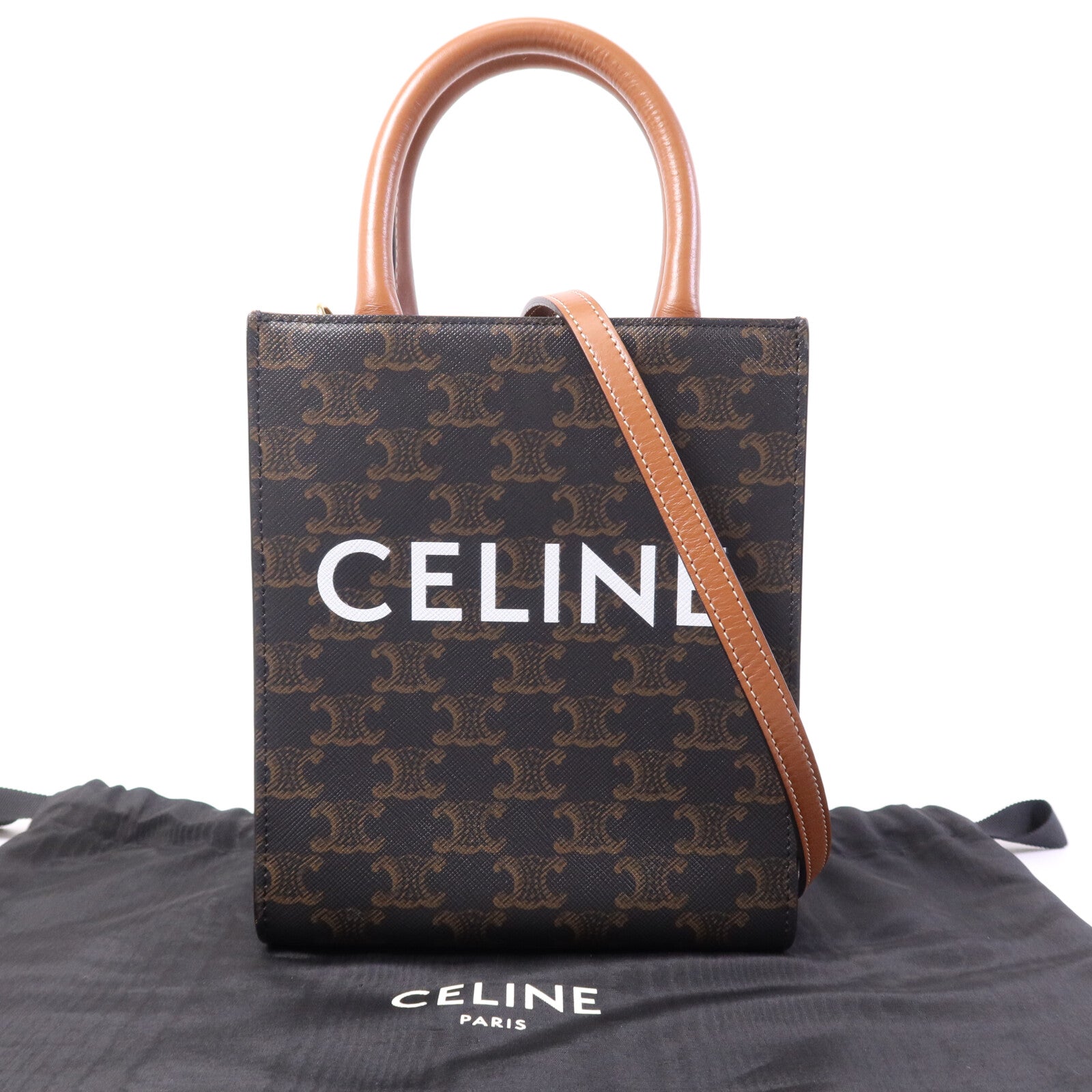 CELINE 塗層帆布Mini Triomphe Cabas Vertical金扣手挽肩背兩用袋