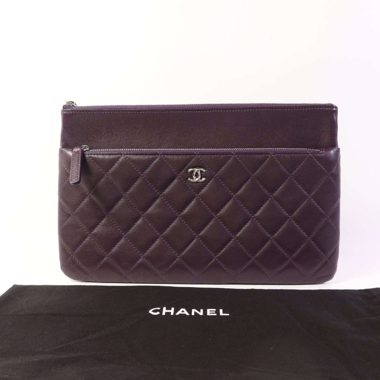 CHANEL 羊皮皮革Double Zip Pouch銀扣小袋
