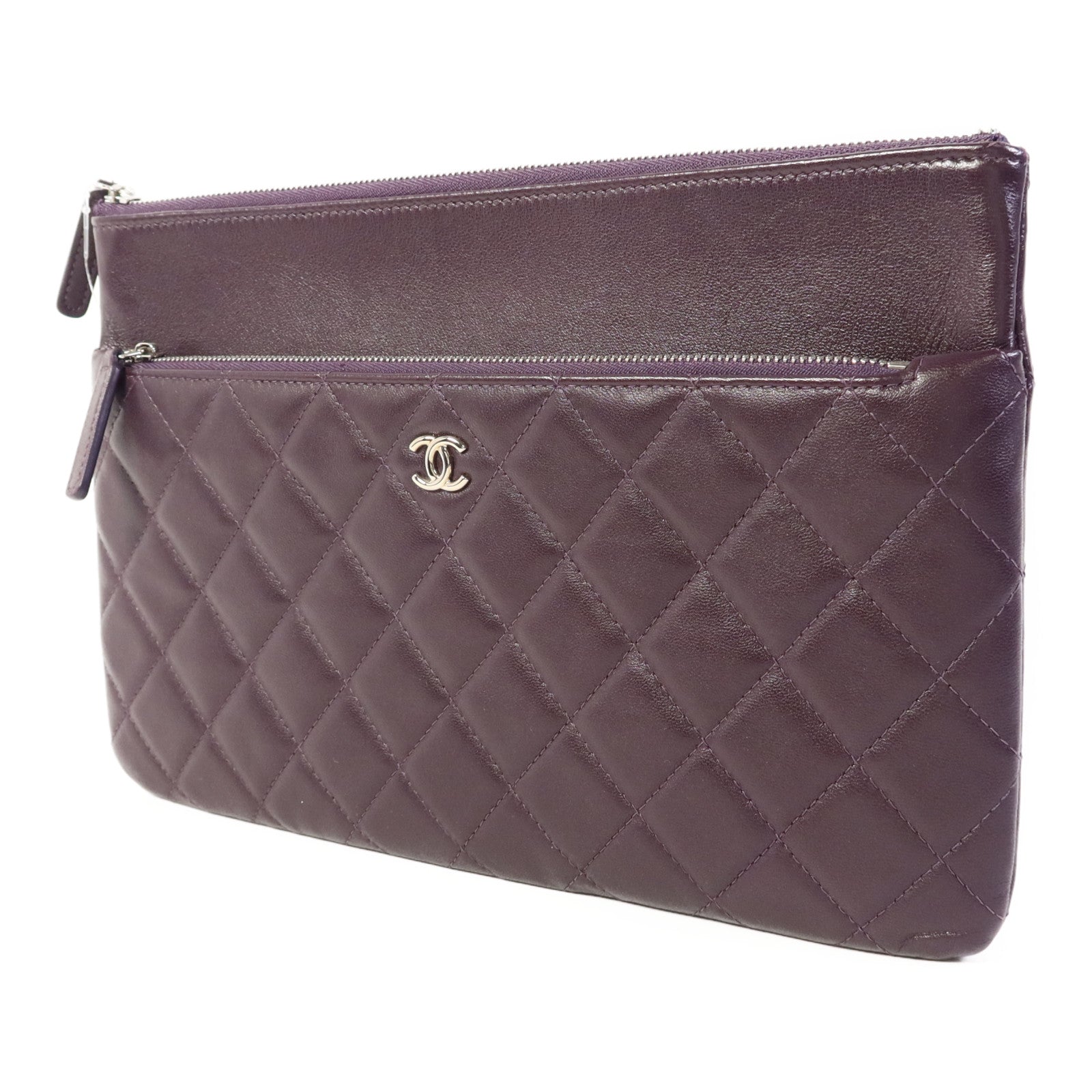 CHANEL 羊皮皮革Double Zip Pouch銀扣小袋