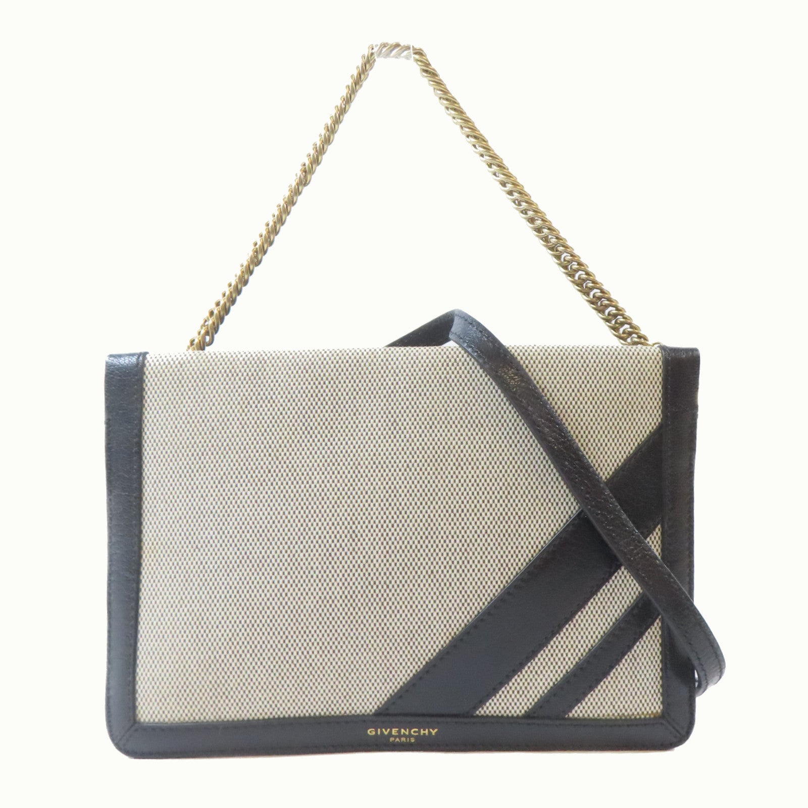 GIVENCHY 帆布/牛皮皮革2 Way Shoulder Bag金扣手挽肩背兩用袋米色/黑色