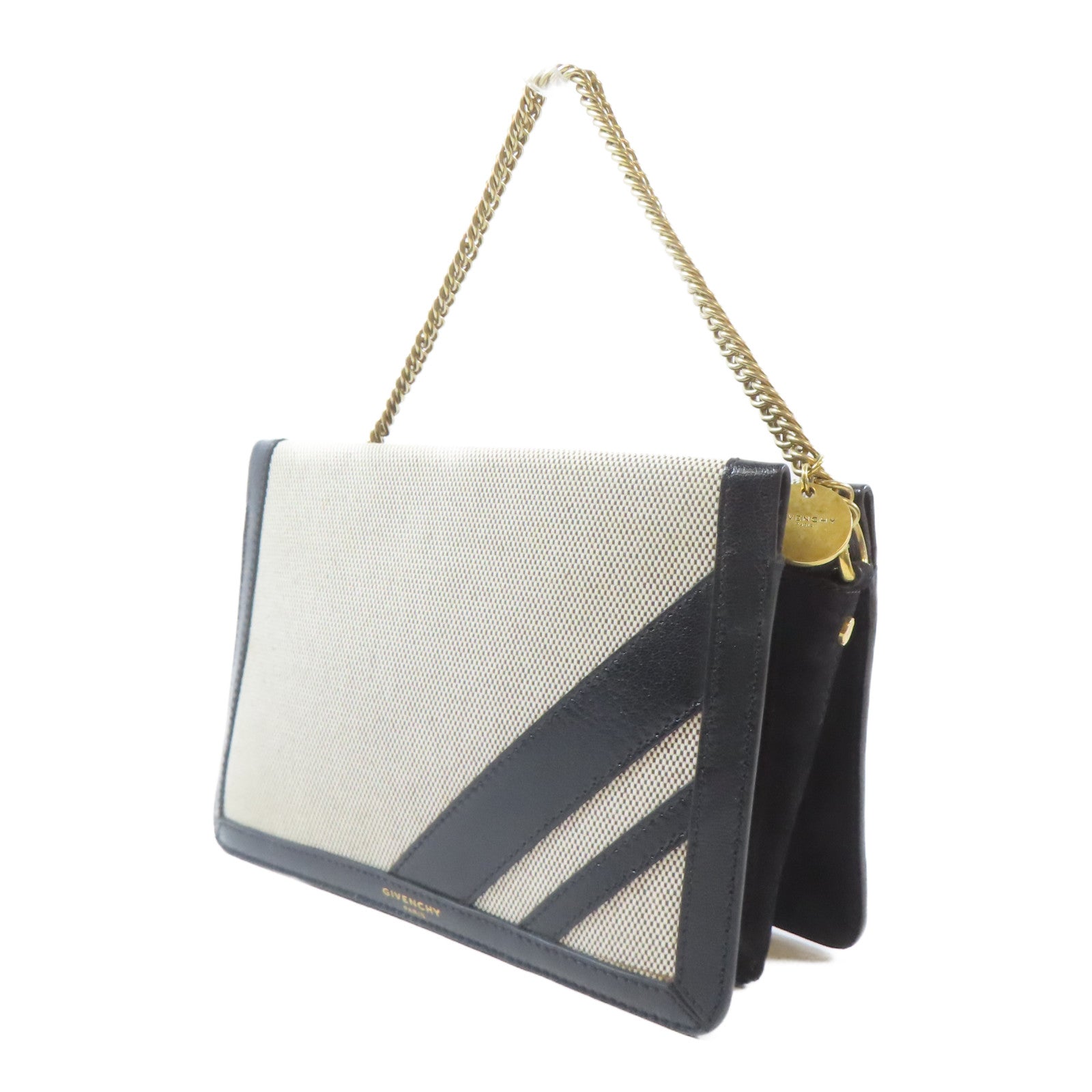 GIVENCHY 帆布/牛皮皮革2 Way Shoulder Bag金扣手挽肩背兩用袋米色/黑色