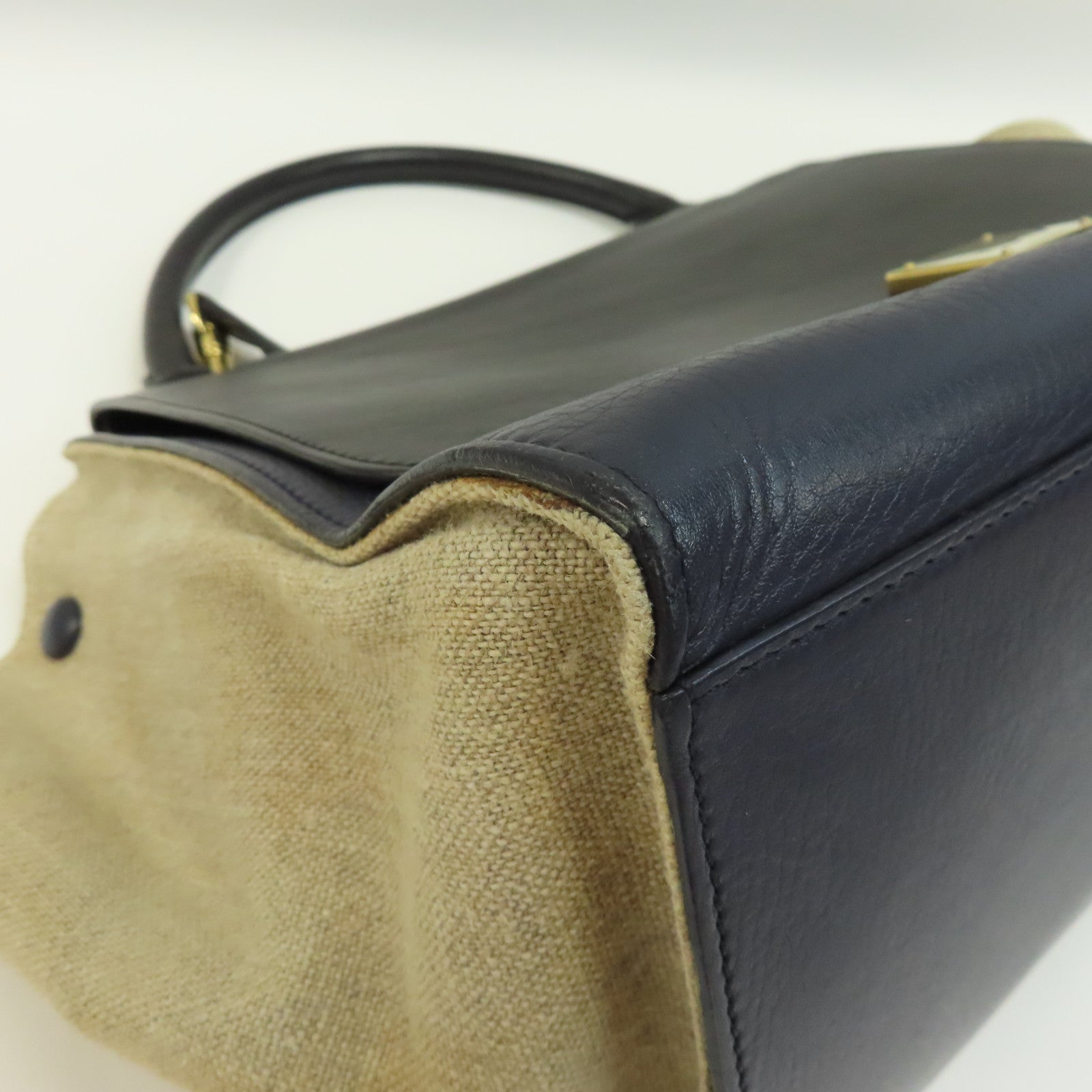CELINE 【激減優惠】牛皮皮革Trapeze金扣手挽肩背兩用袋深藍色/米色