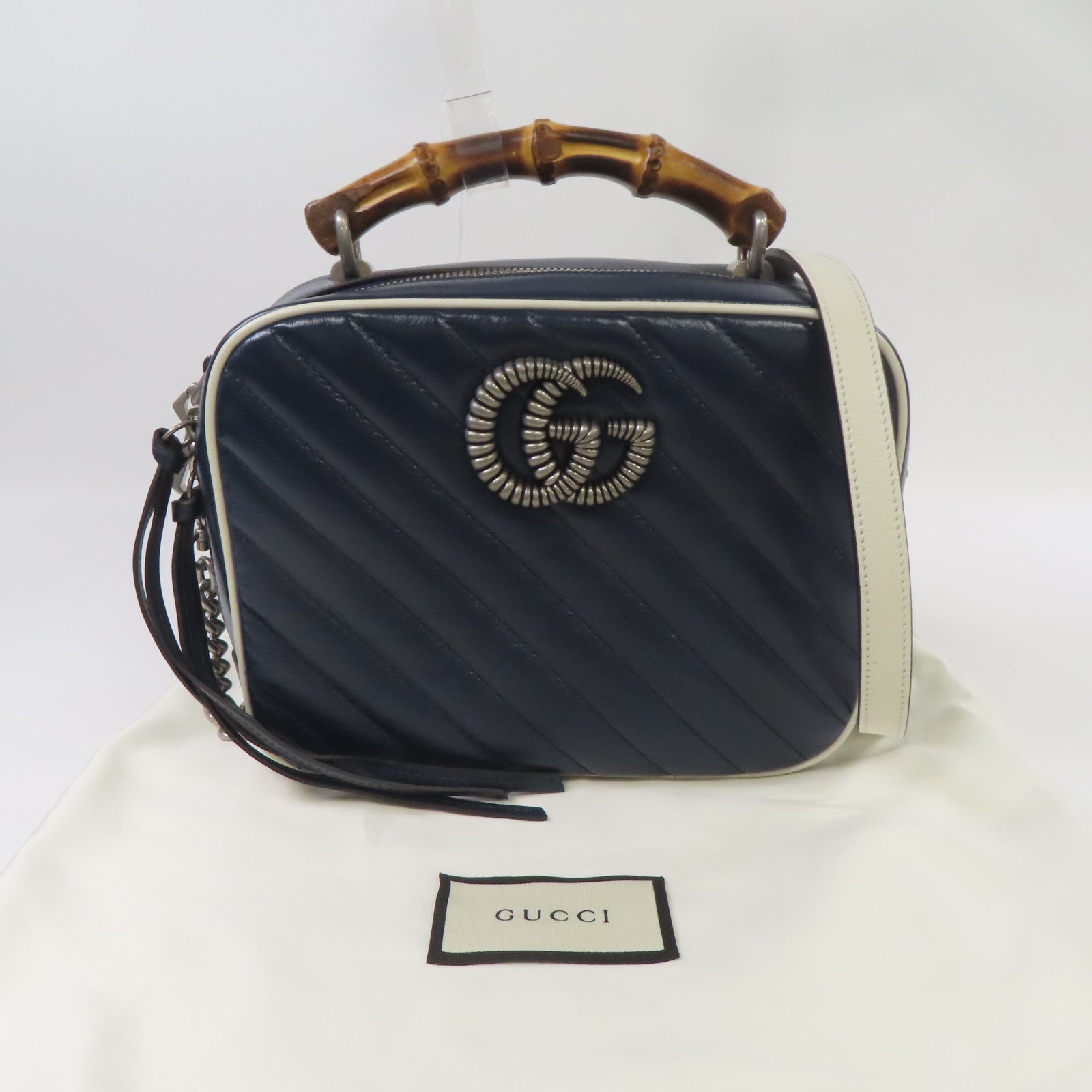 GUCCI 【激減優惠】牛皮皮革/竹節GG Marmont銀扣手挽肩背兩用袋深藍色