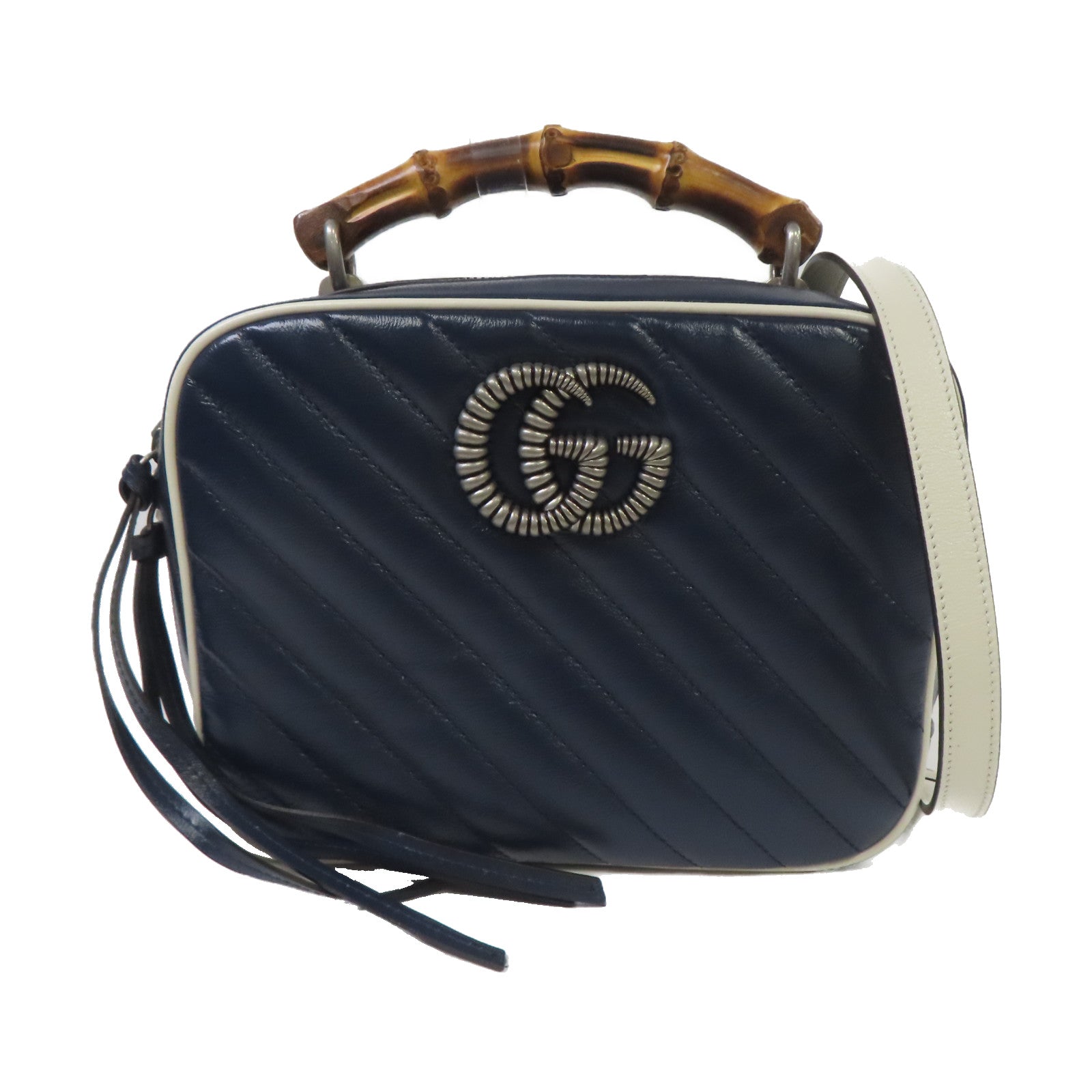 GUCCI 【激減優惠】牛皮皮革/竹節GG Marmont銀扣手挽肩背兩用袋深藍色