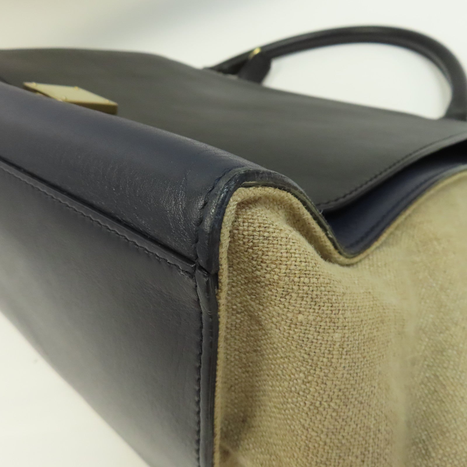 CELINE 【激減優惠】牛皮皮革Trapeze金扣手挽肩背兩用袋深藍色/米色