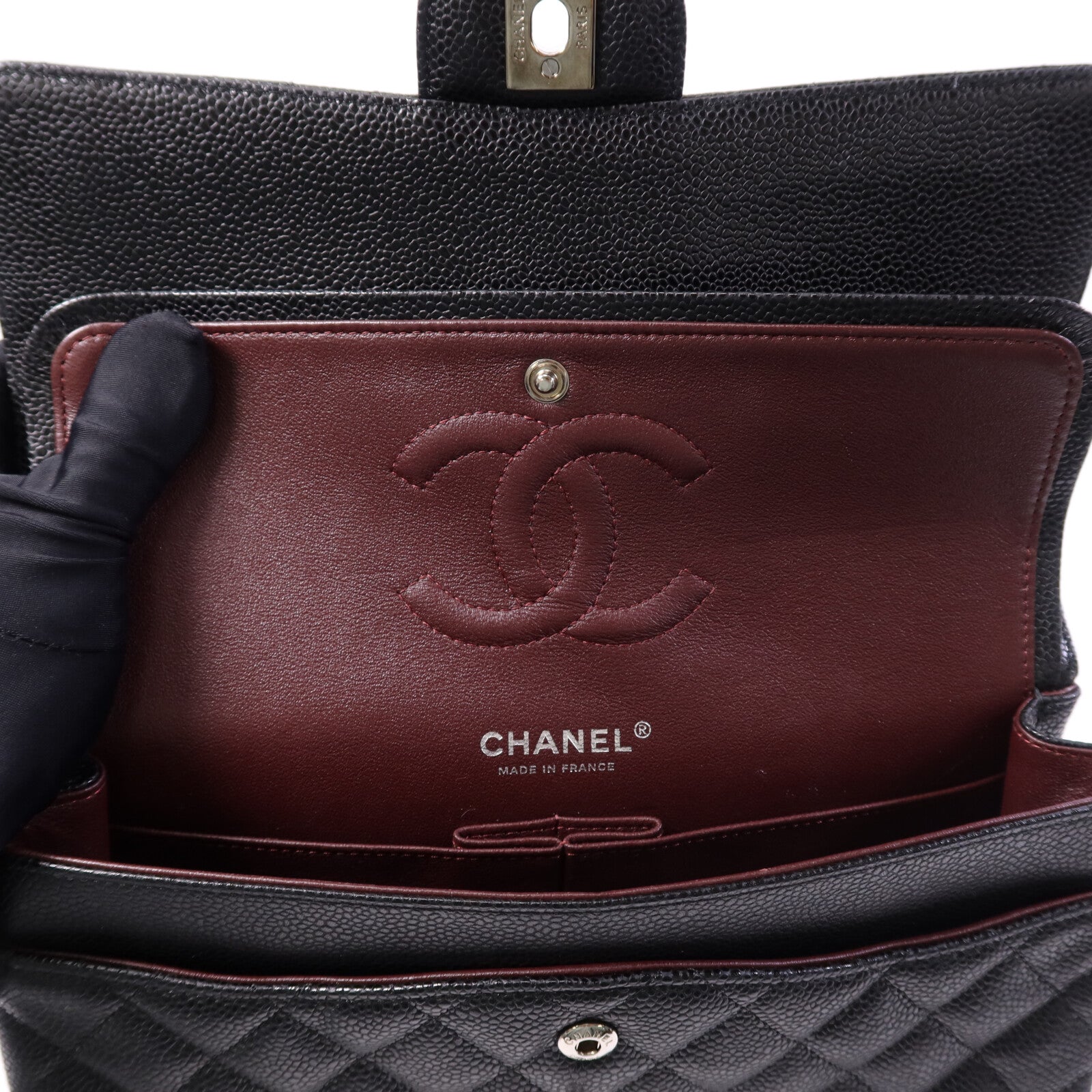 CHANEL 牛皮皮革Classic 25cm銀扣鏈帶手挽肩背兩用袋