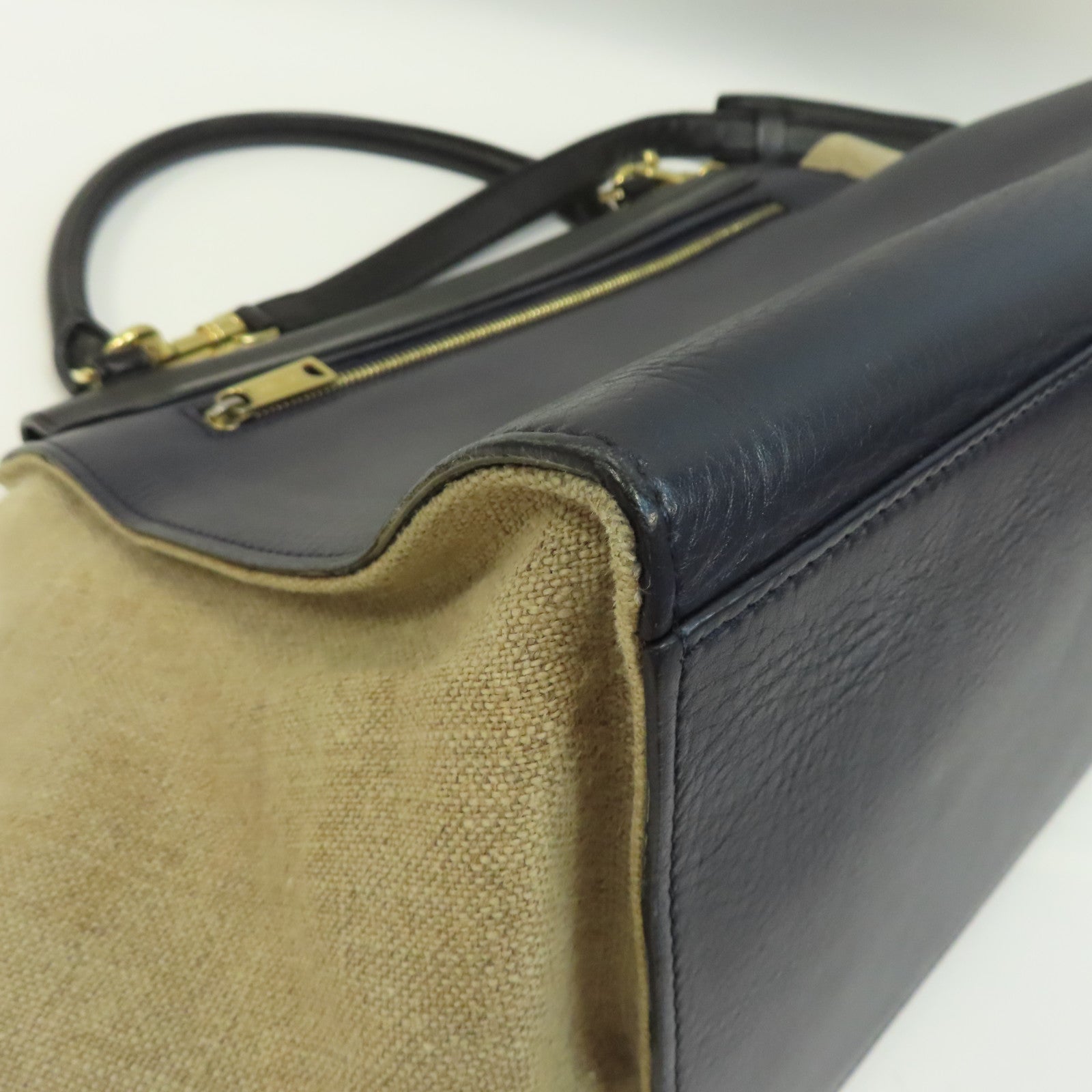 CELINE 【激減優惠】牛皮皮革Trapeze金扣手挽肩背兩用袋深藍色/米色
