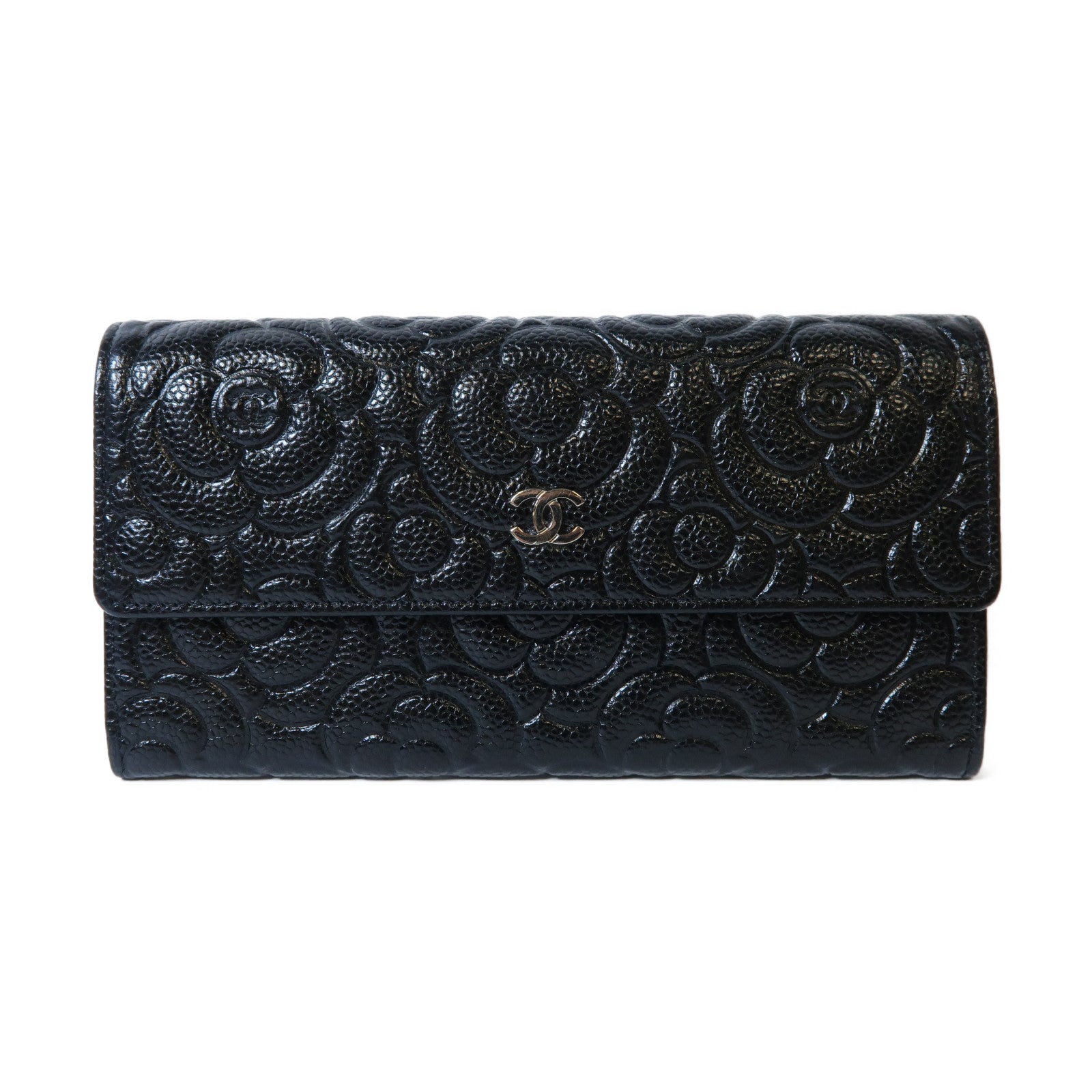 CHANEL 牛皮皮革Camellia Long Wallet銀扣長錢包黑色