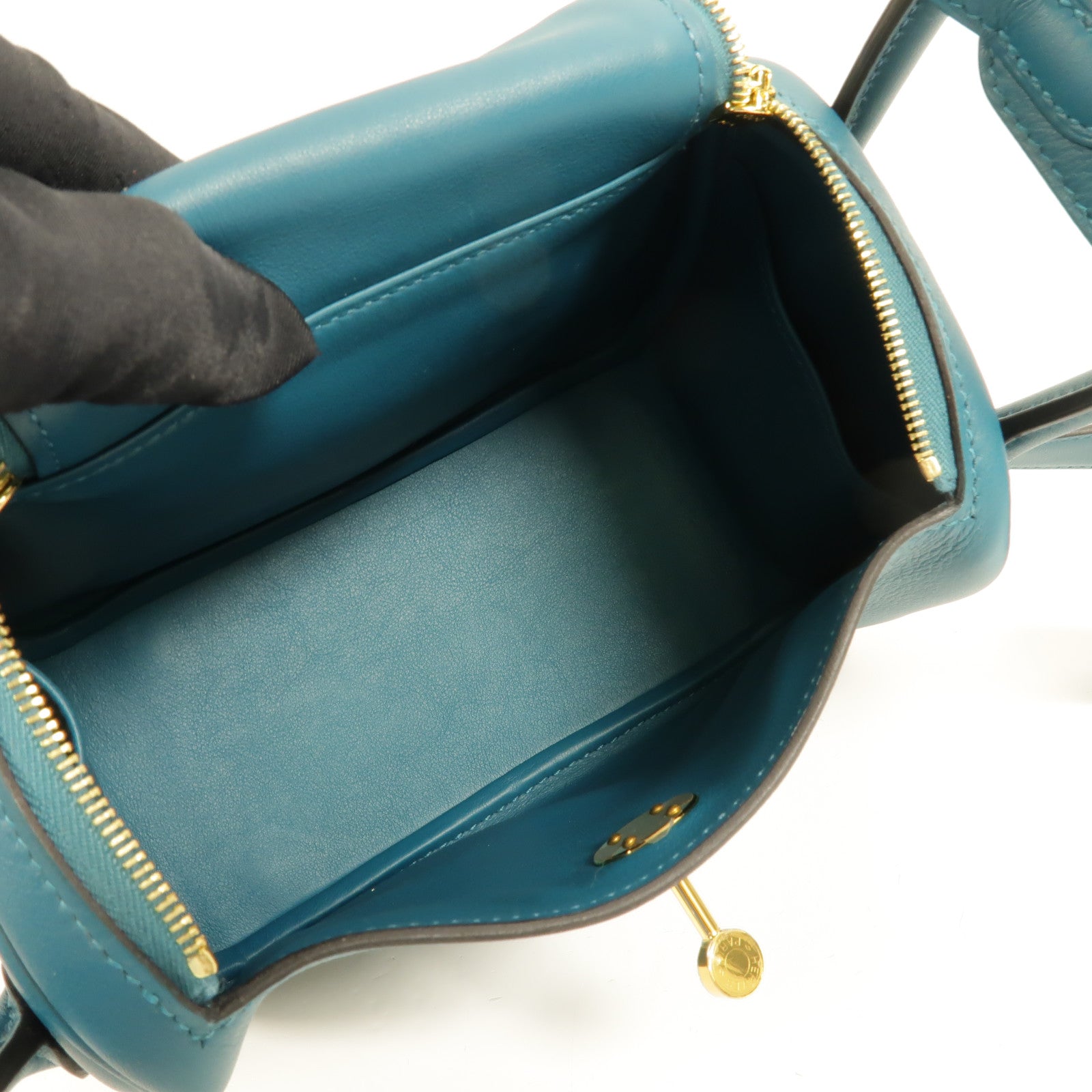 HERMES Swift皮革Mini Lindy金扣手挽肩背兩用袋Vert Bosphore