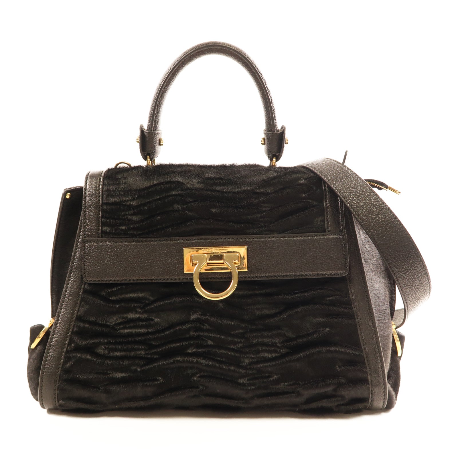 Salvatore Ferragamo 馬毛/皮革2Way Shoulder金扣手挽肩背兩用袋