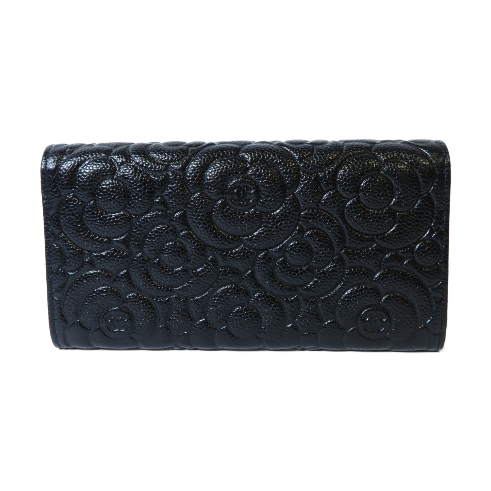 CHANEL 牛皮皮革Camellia Long Wallet銀扣長錢包黑色