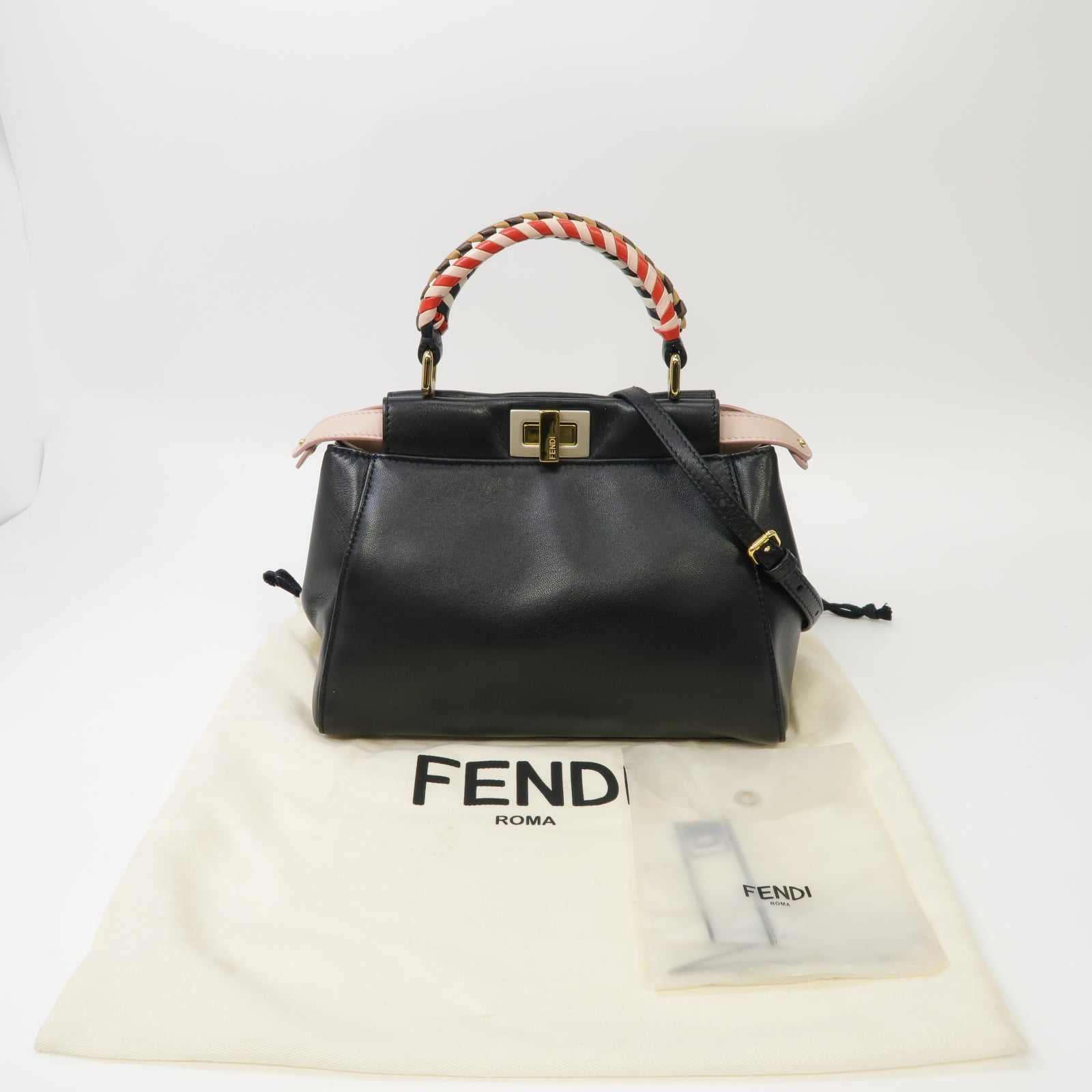 FENDI 【激減優惠】羊皮皮革Peekaboo Mini金扣手挽肩背兩用袋黑色